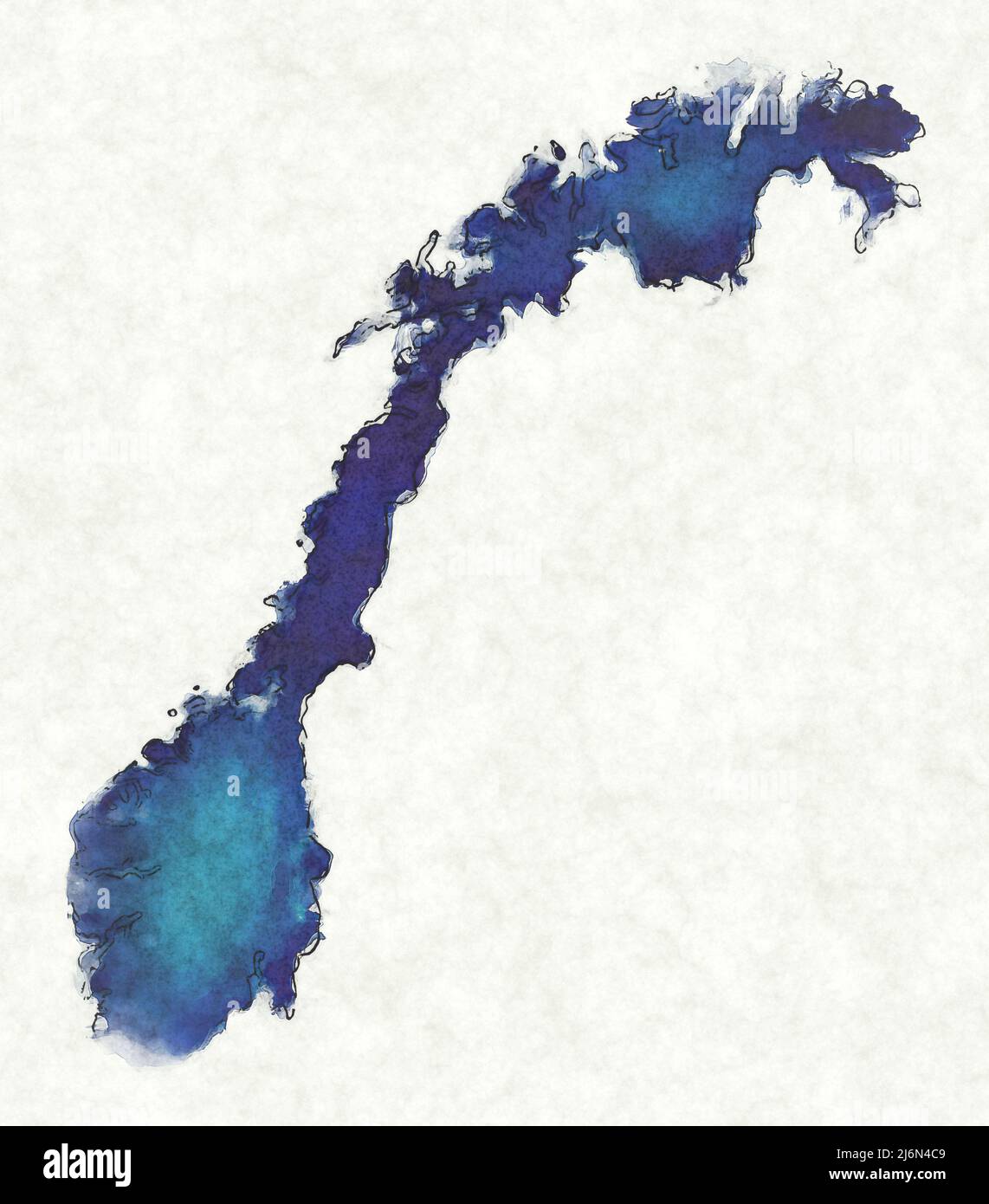 Norway map with drawn lines and blue watercolor illustration Stock Photo