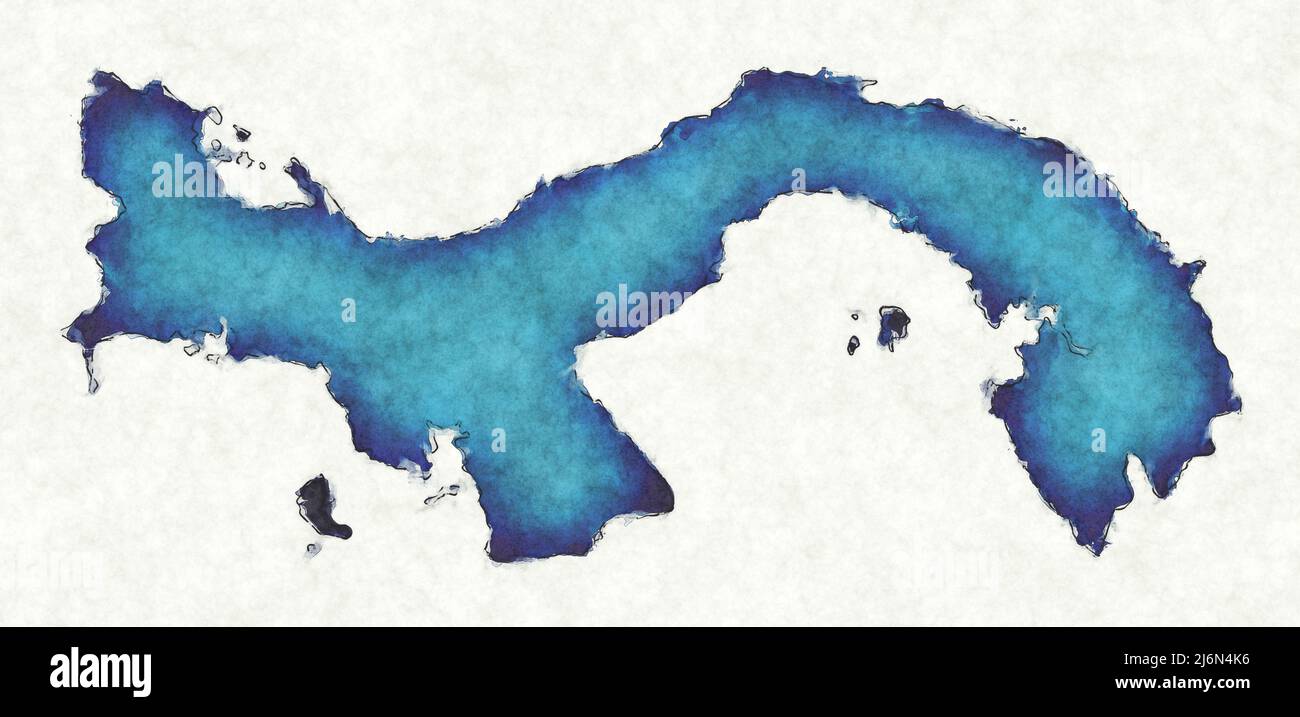 Panama map with drawn lines and blue watercolor illustration Stock Photo
