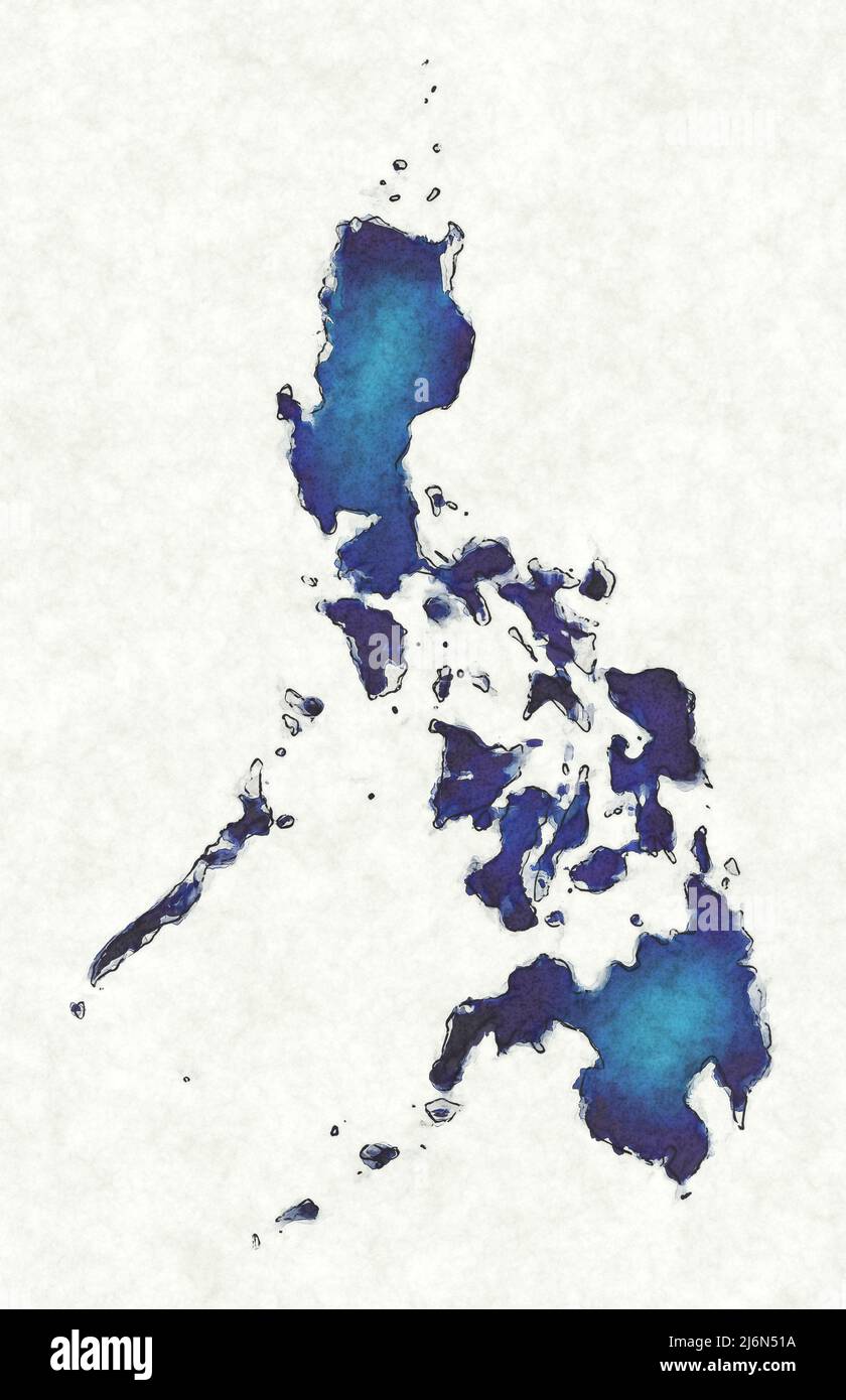 Philippines map with drawn lines and blue watercolor illustration Stock Photo