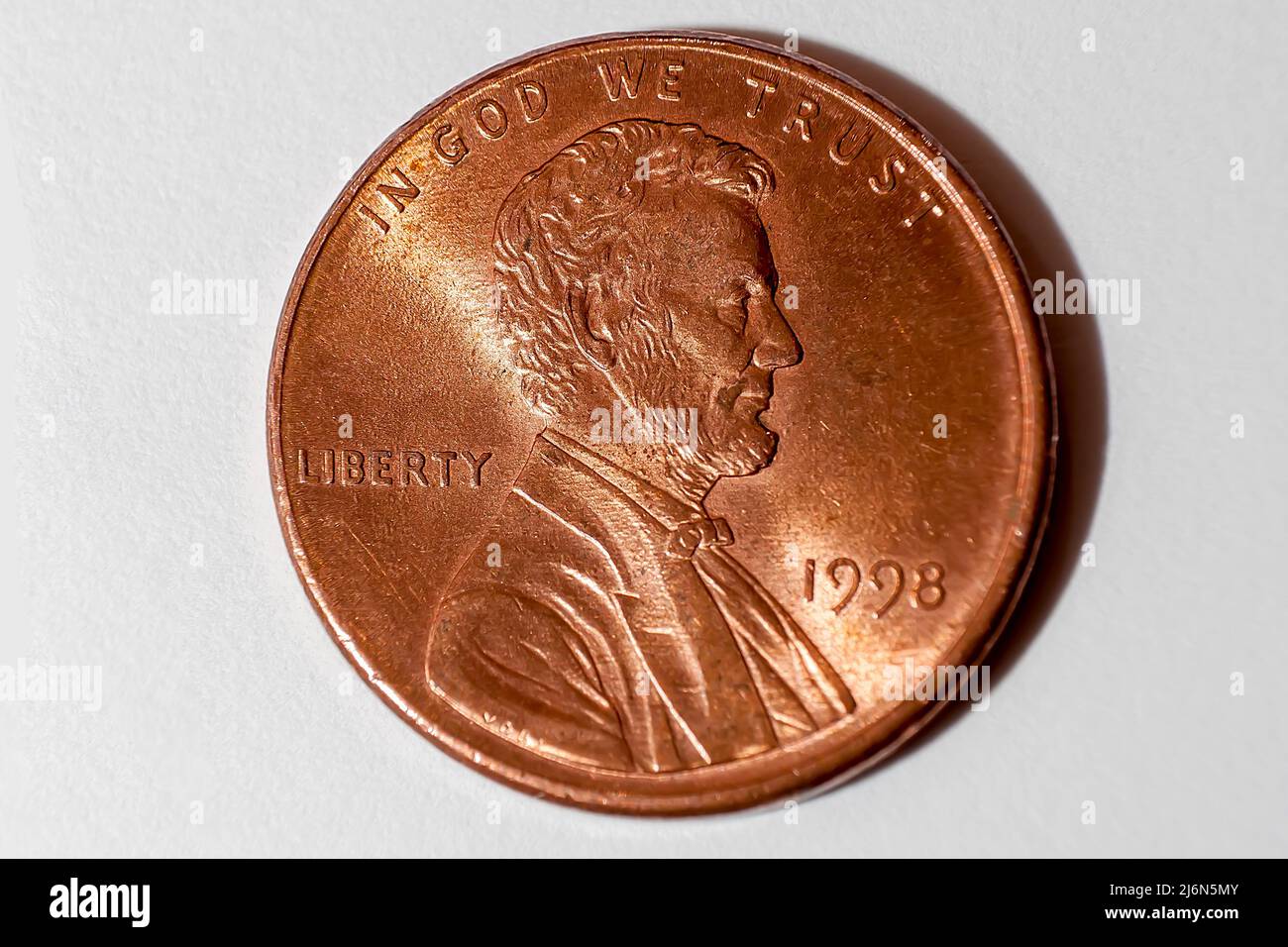 1998 one cent united states of america legal tender copper plated zinc alloy coin minted by Abraham Lincoln. Stock Photo