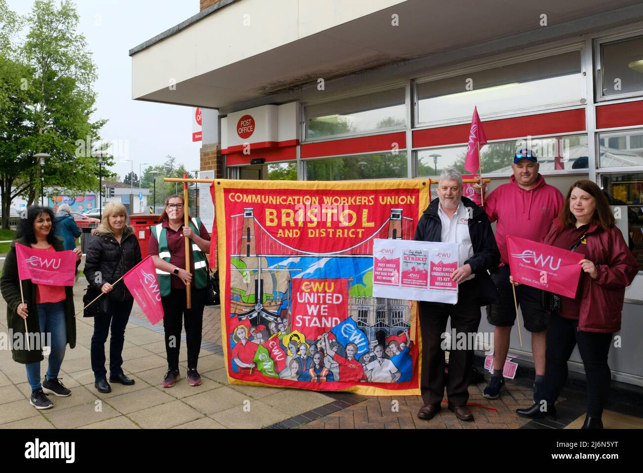 Yate, South Glos, UK. 3rd May 2022. Post Office staff strike for a better pay offer. As the cost of living continues to rise members of the CWU express their discontent with the modest pay rise they have been offered. Post Offices are being picketed across the South Glos and somerset region. Credit: JMF News/Alamy Live News Stock Photo