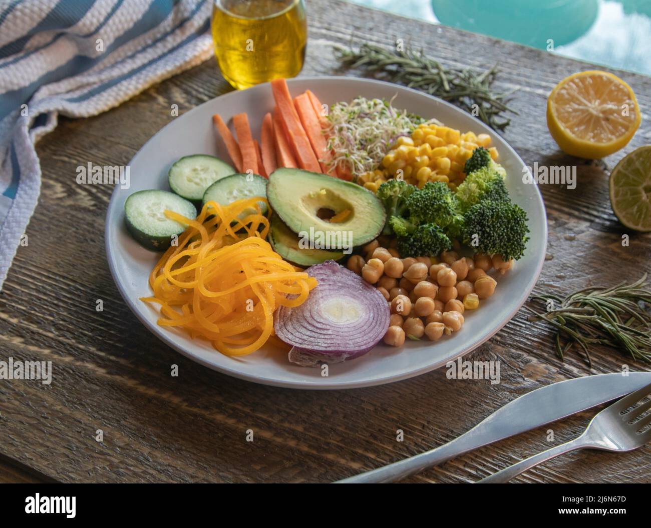 Top view of Veggie Bowl on Natural wood Table. Stock Photo