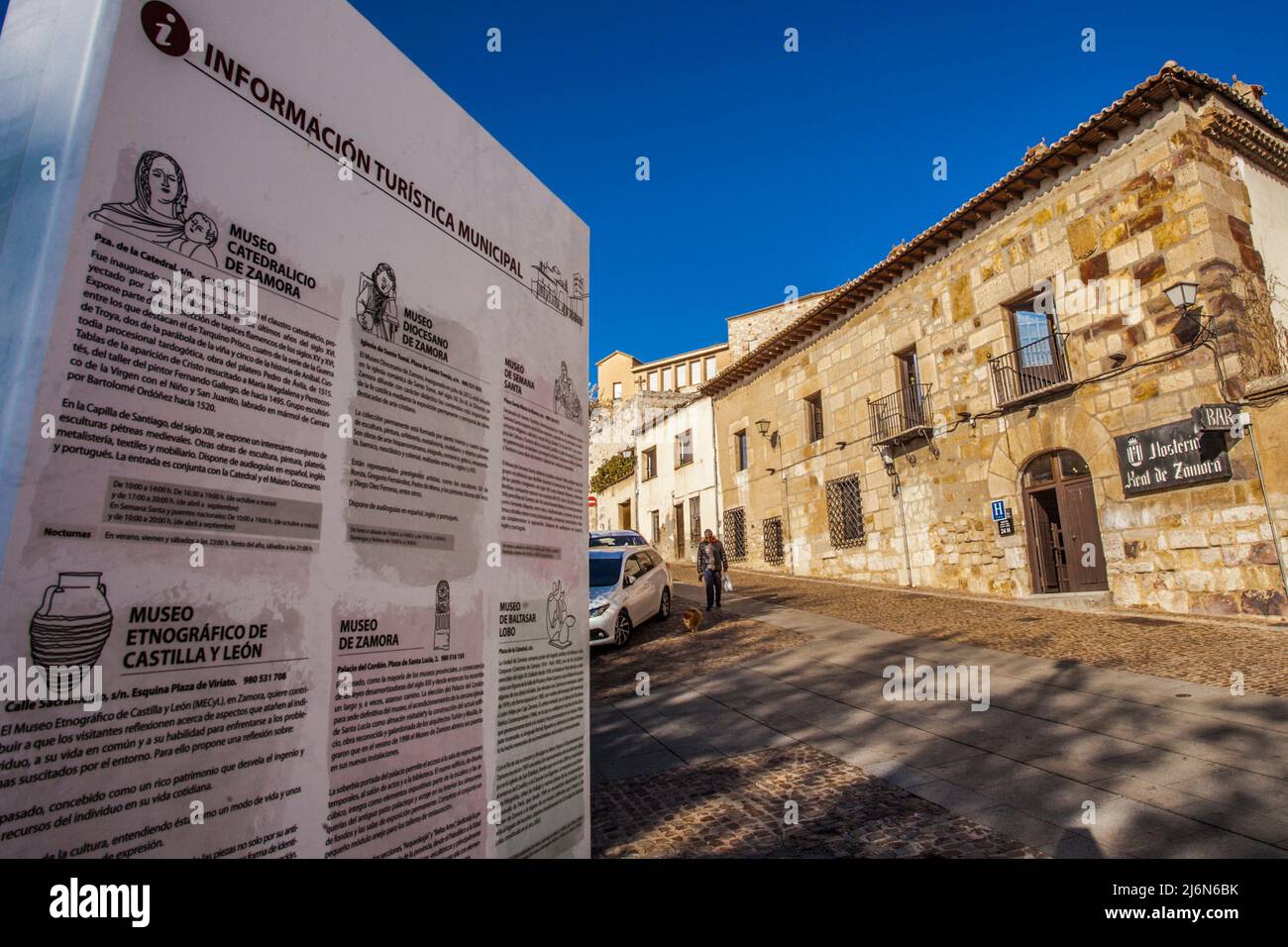 Tourist information poster, Hosteria Real de Zamora, Cuesta de Pizarro street, Zamora city, Zamora Provience, Castile and Leon, Spain, Europe. Stock Photo