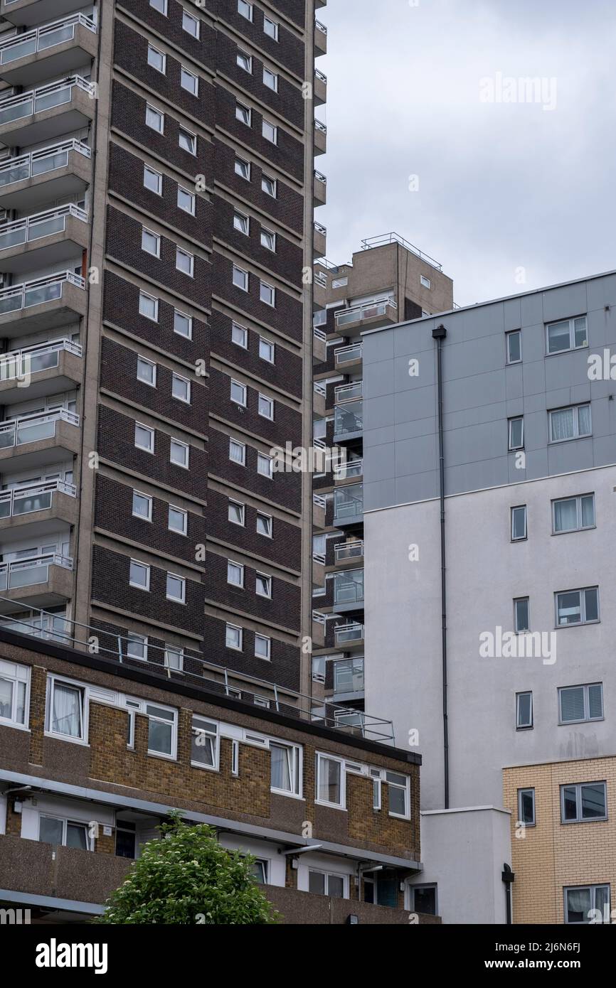 Social housing tower blocks in the Whitechapel / Shadwell border area on 27th April 2022 in London, United Kingdom. Council estates like this are very common all over the capital, and in particular in areas such as Tower Hamlets which is the most densely populated area in the London. Stock Photo