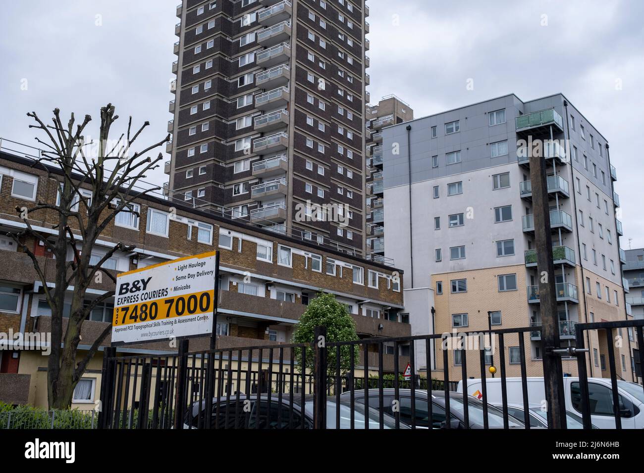 Social housing tower blocks in the Whitechapel / Shadwell border area on 27th April 2022 in London, United Kingdom. Council estates like this are very common all over the capital, and in particular in areas such as Tower Hamlets which is the most densely populated area in the London. Stock Photo