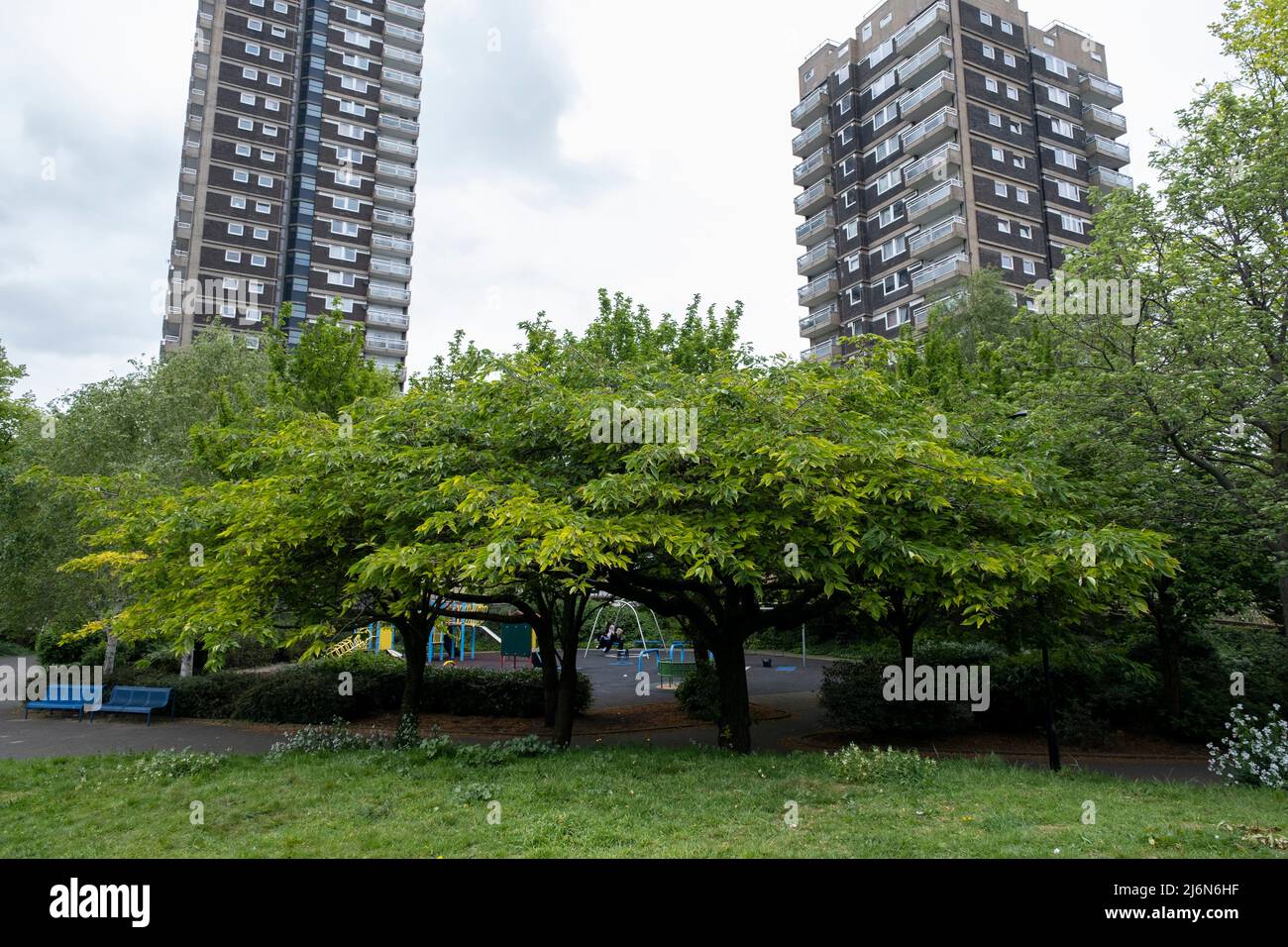Social housing tower blocks in the Whitechapel / Shadwell border area on 27th April 2022 in London, United Kingdom. Council estates like this are very common all over the capital, and in particular in areas such as Tower Hamlets which is the most densely populated area in the London. Stock Photo