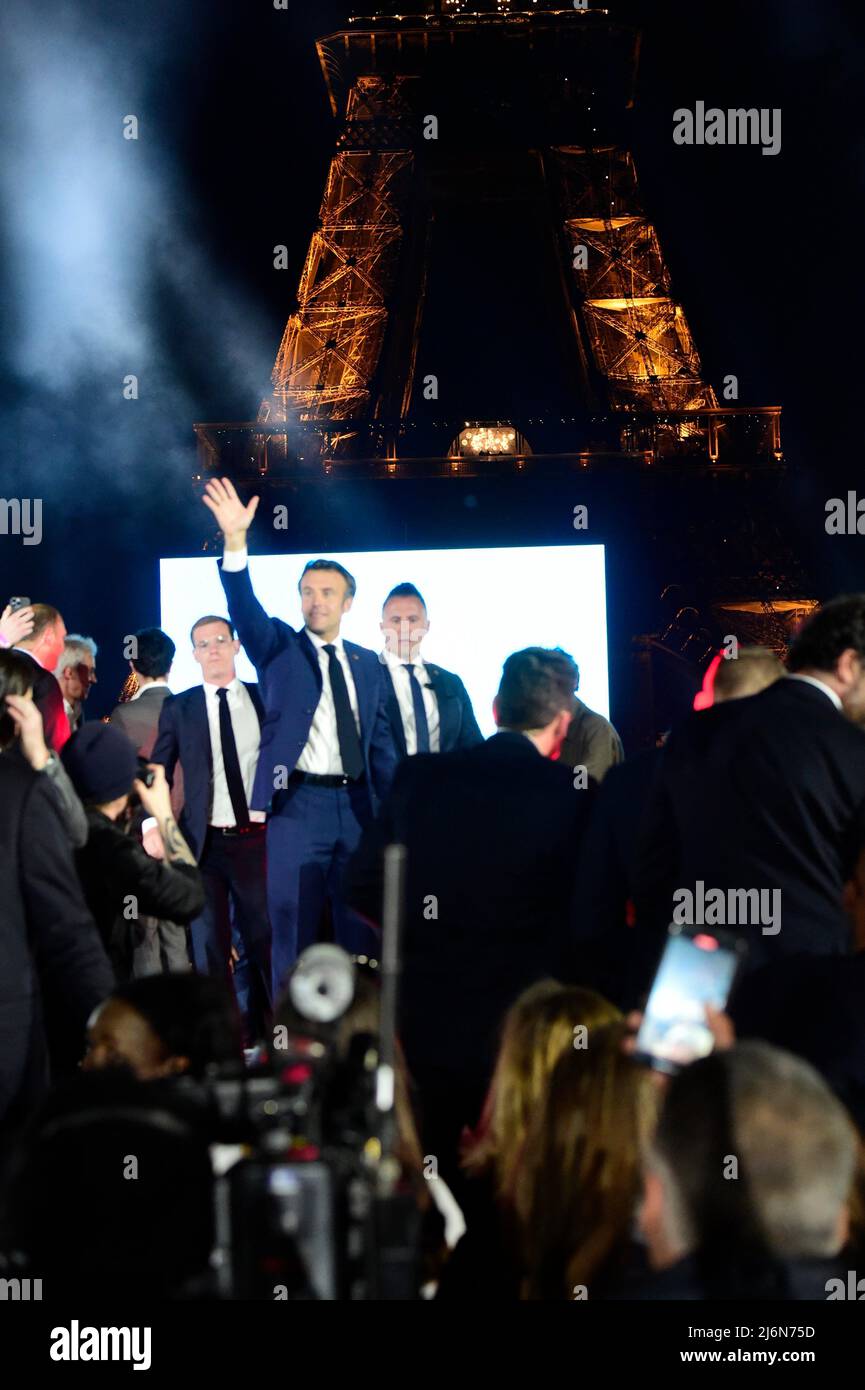 Emmanuel Macron was elected to a second term as French president. Celebration of his victory at the Champ de Mars in Paris, on April 24, 2022. Stock Photo