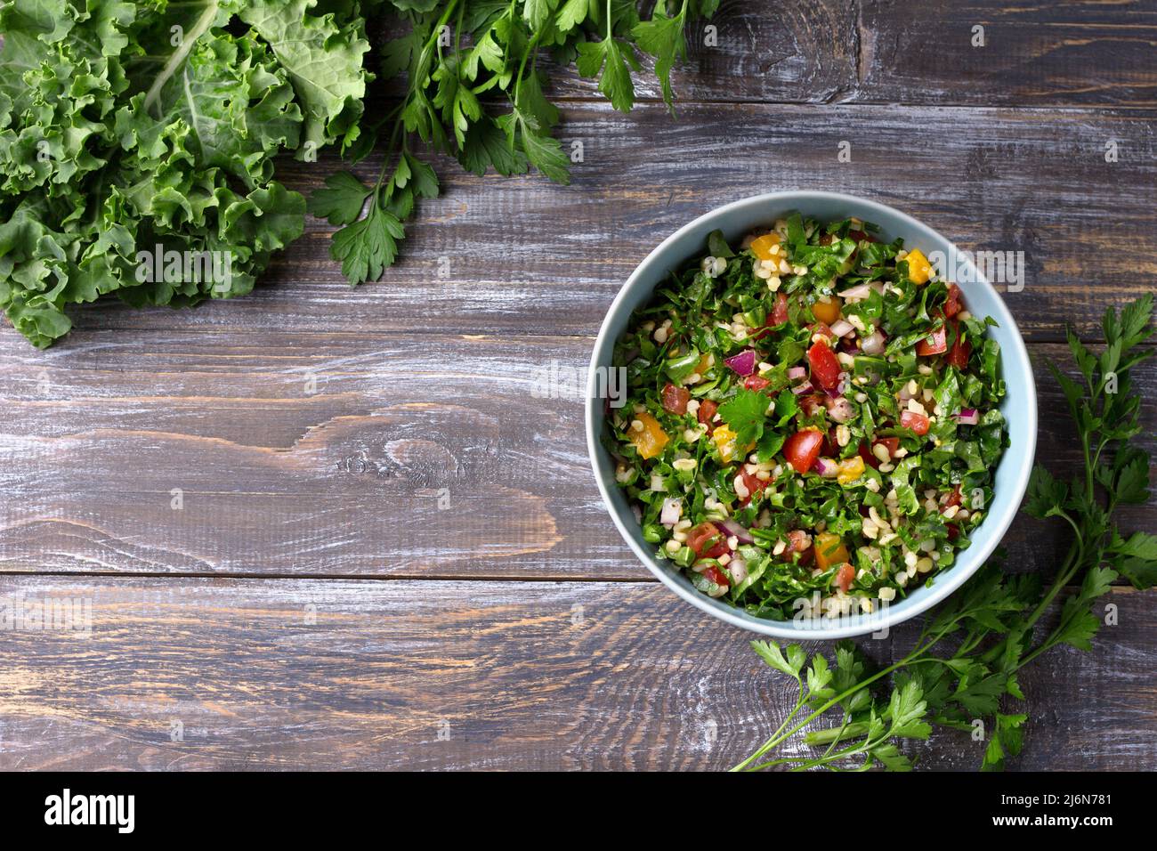 Original oriental salad tabbouleh with with ingredients cabbage kale ...