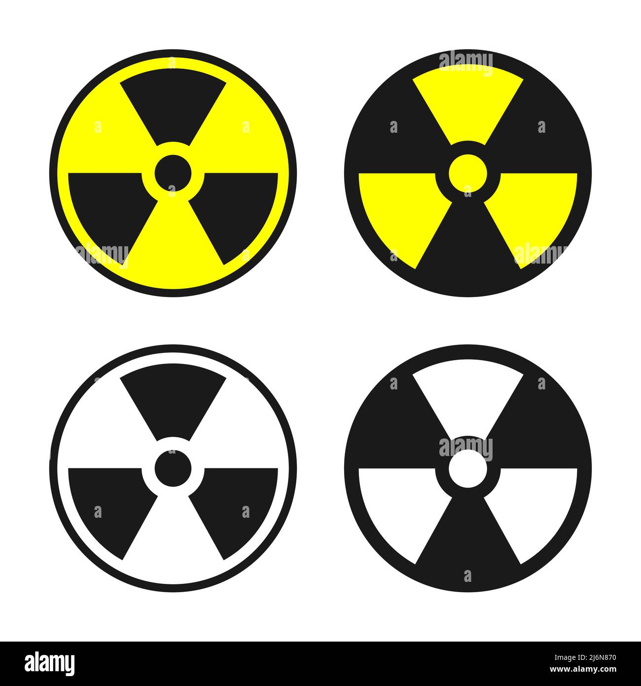 Radioactive warning sign vector set. Circle shape black and yellow radioactivity symbol. Stock Vector
