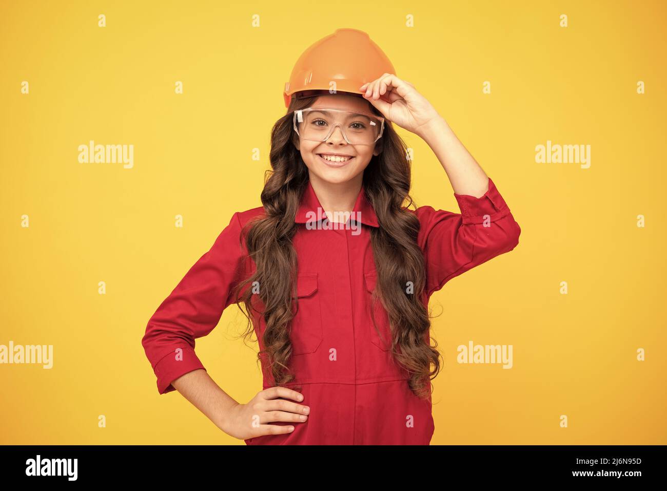 best service. kid future engineer on yellow background. safety glasses for repairing. labor day. Stock Photo