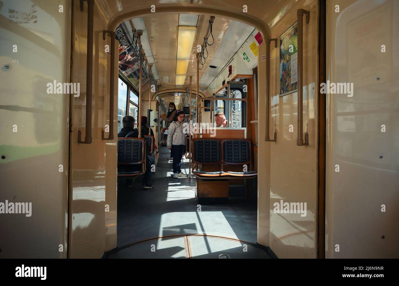 Graz, Austria - April 25, 2022: In the Tram from Graz while driving around the city. Stock Photo