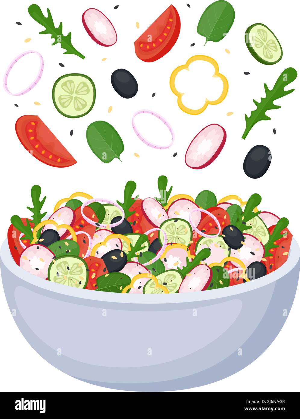 Homemade salad from fresh vegetables, greens and olives. Healthy food. Vegan or vegetarian meal. Vector illustration Stock Vector