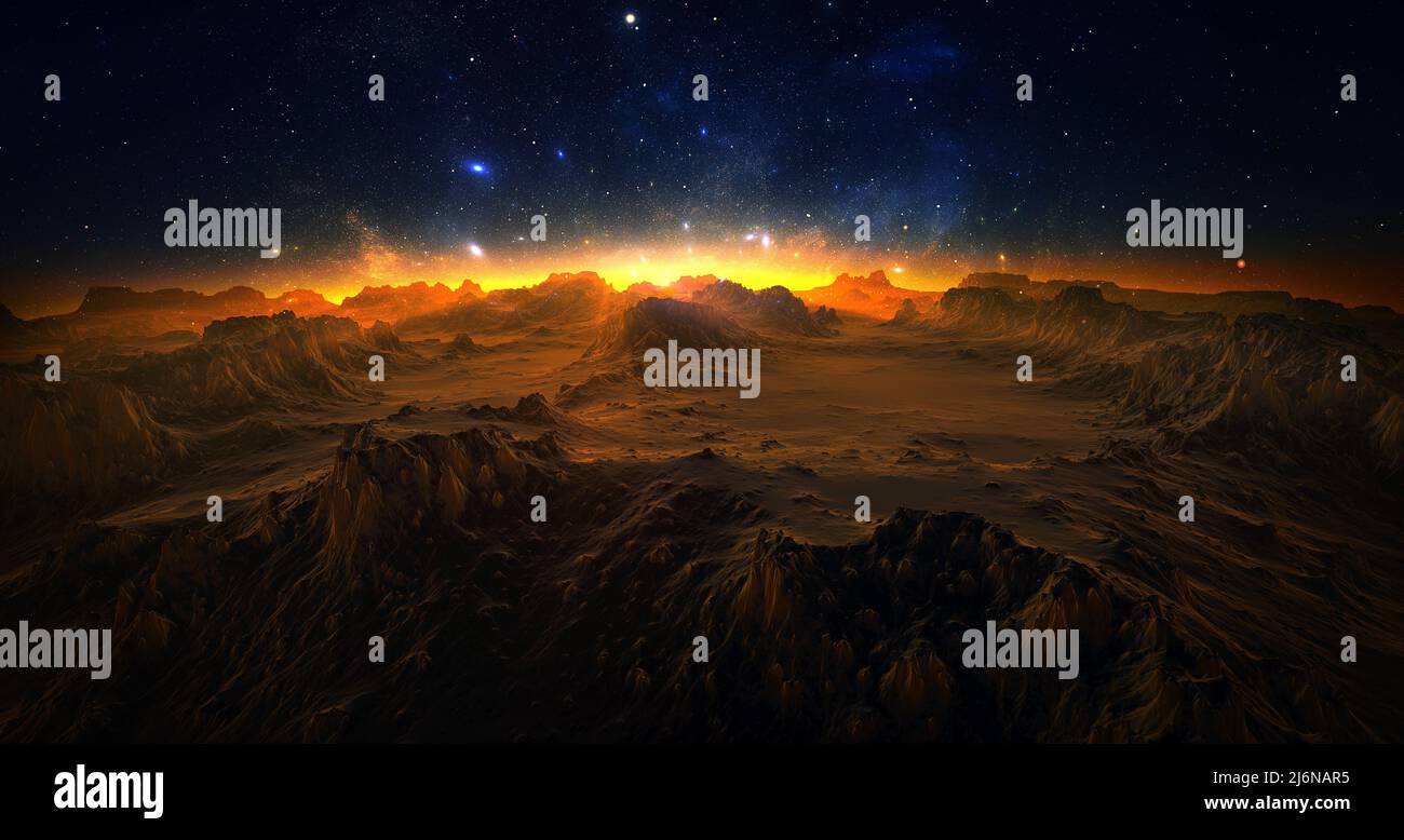 Fantastic space landscape view from surface of planet. Martian surface ...