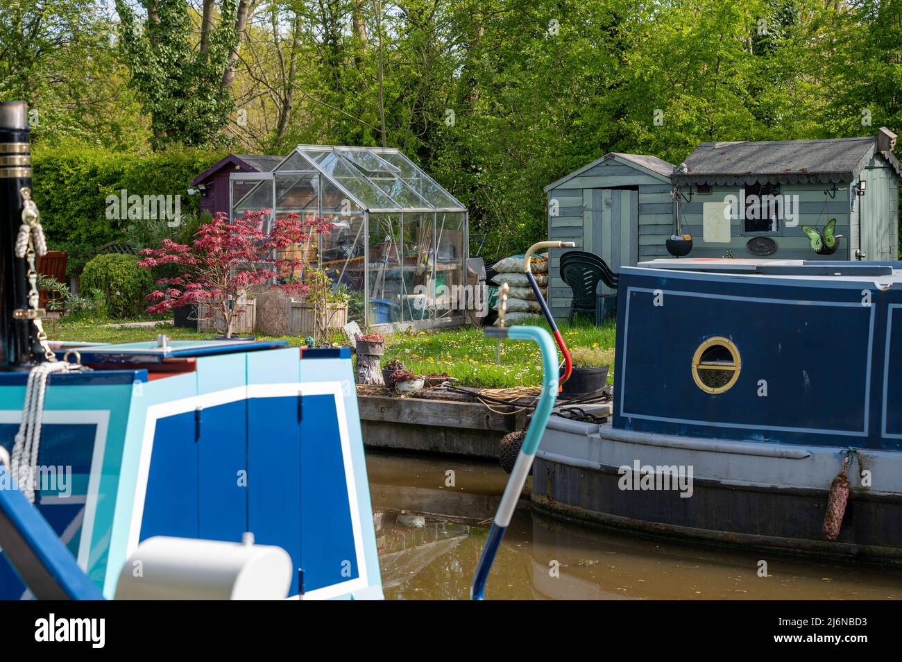 Narrowboats moored beside a well kept garden belonging to a residential mooring on the Shropshire Union Canal at Norbury, Staffordshire Stock Photo