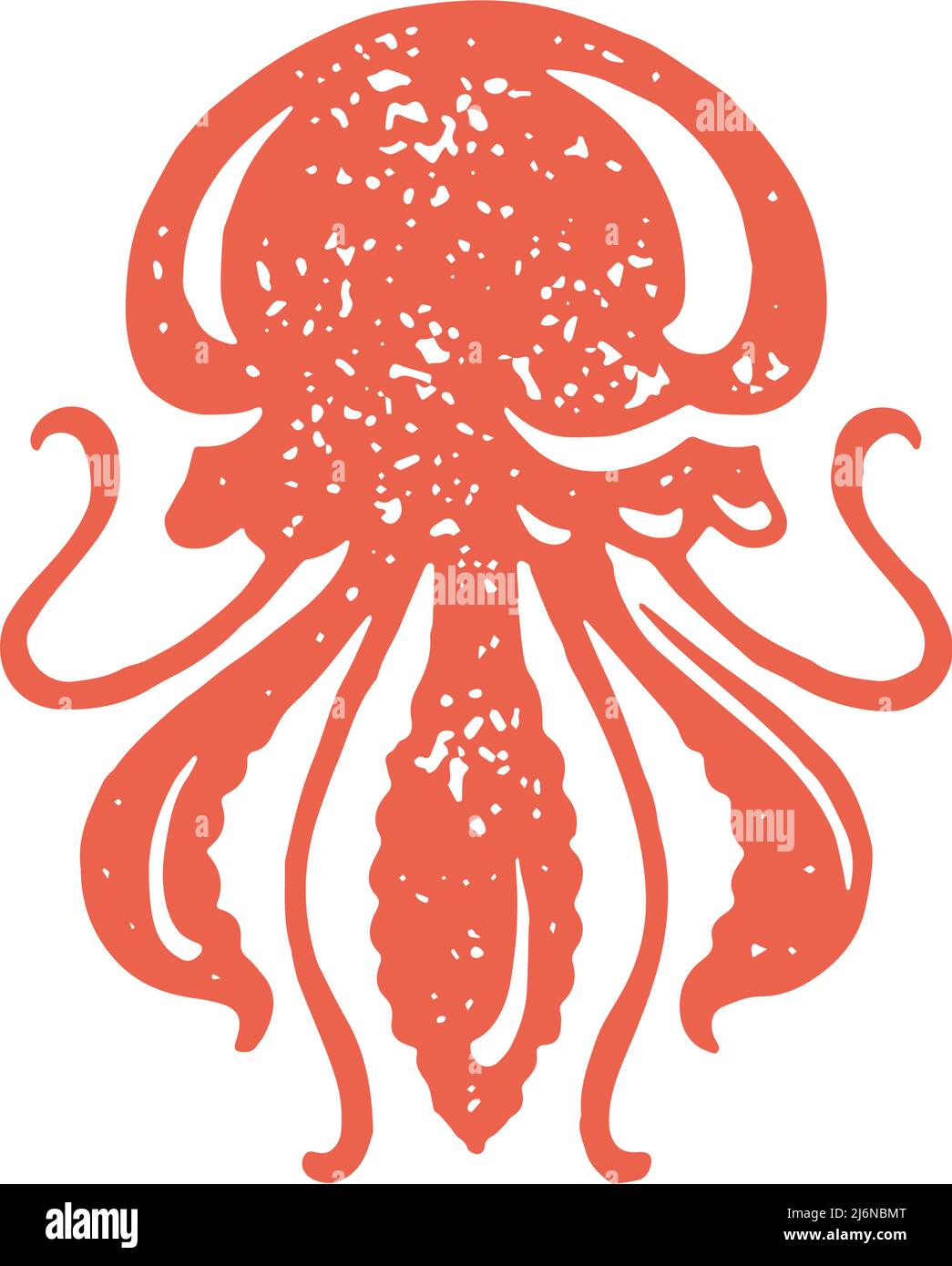 Hand drawn natural red jellyfish dangerous nautical animal with poison grunge texture vector illustration. Minimalist floating deep water underwater m Stock Vector