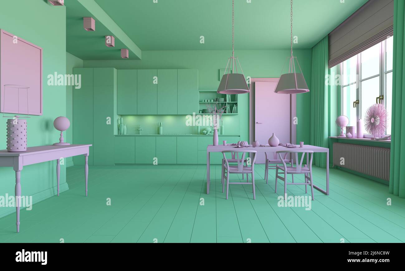 green& purple kitchen interior. 3d rendering concept idea Stock Photo ...