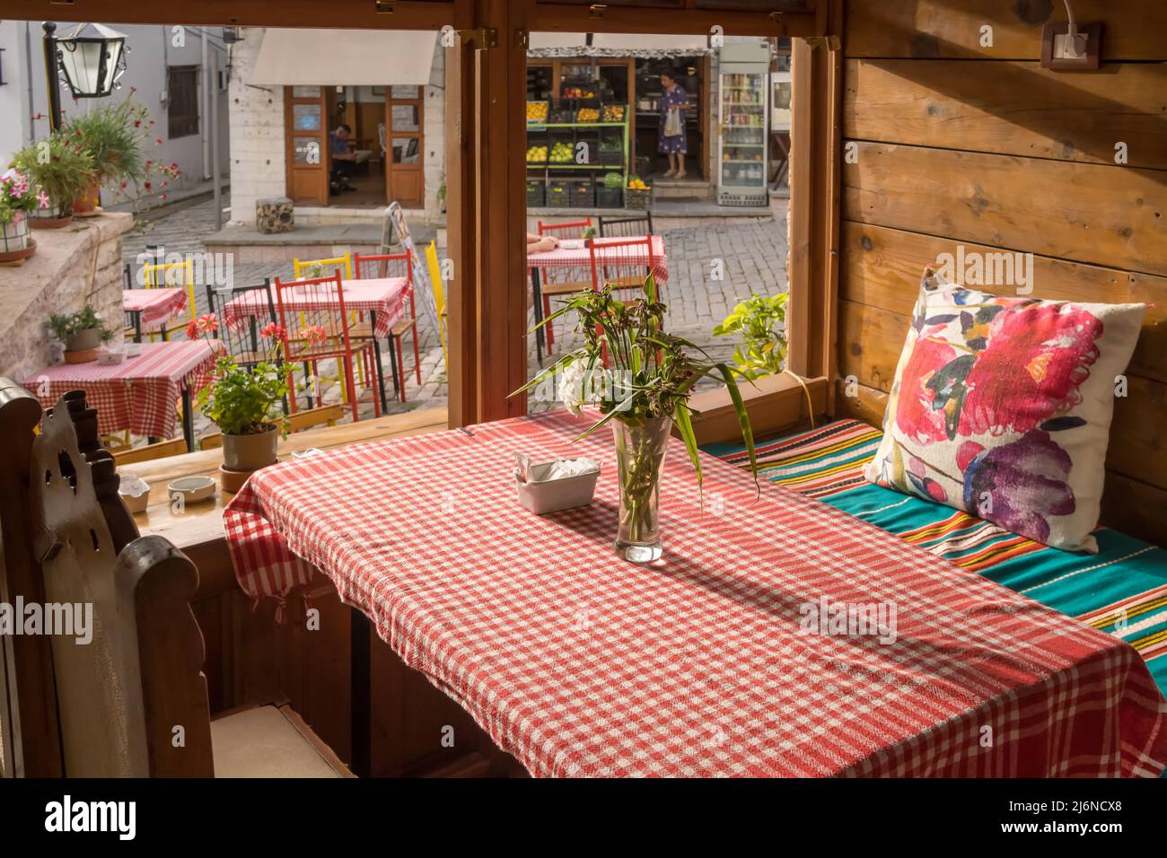 Cozy cafe in Gjirokastra old town, Albania Stock Photo