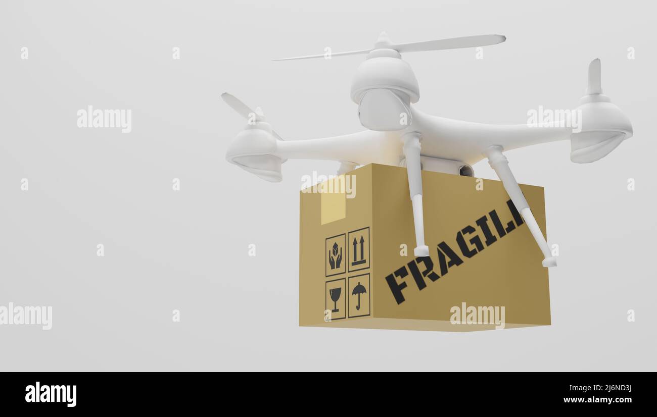 Drone delivery with a package box flying on white background. 3d ...