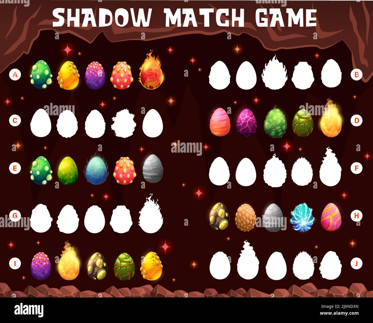 cartoon dinosaur eggs in cave vector shadow match game kids puzzle matching riddle or maze worksheet