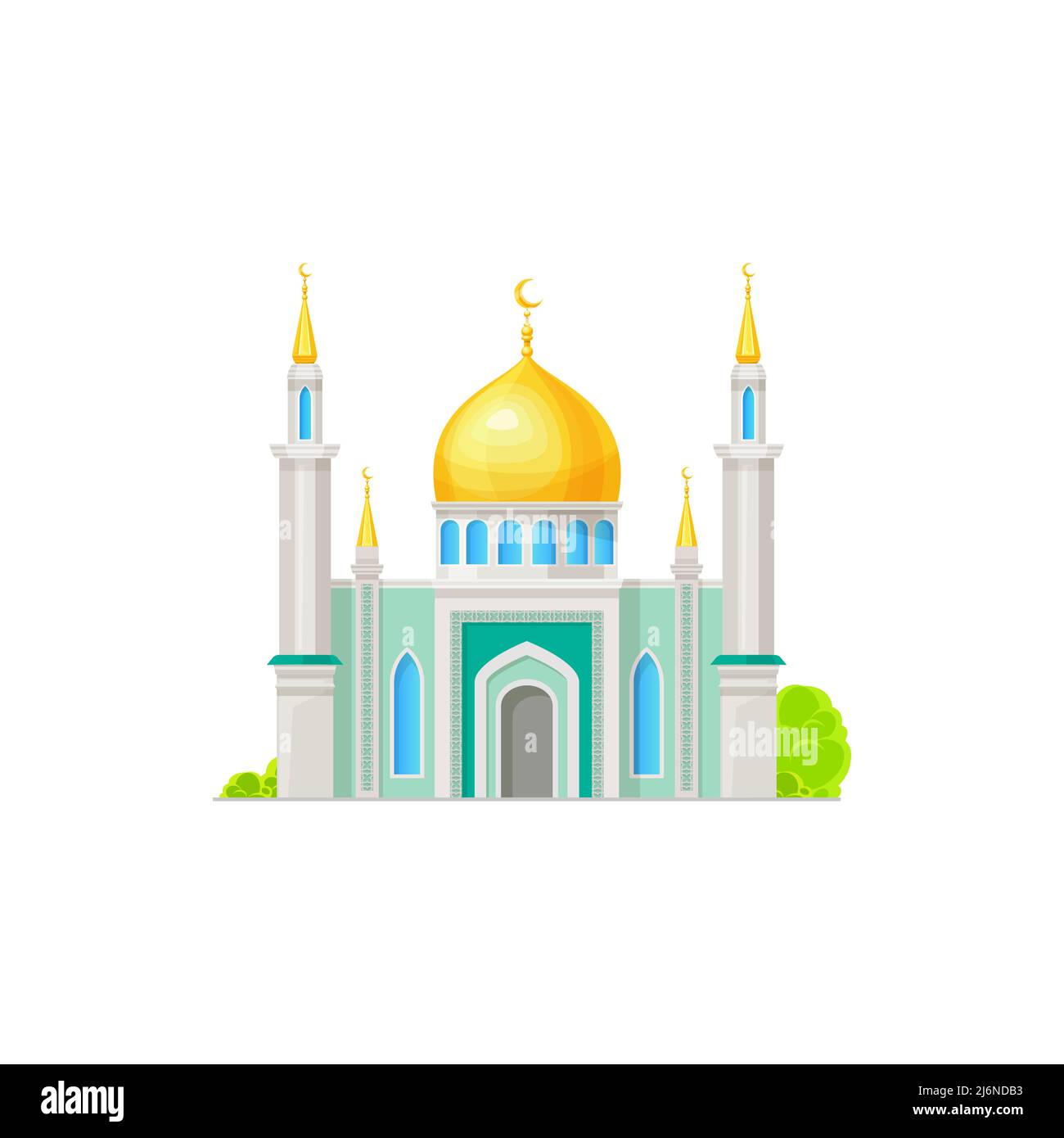 Islamic mosque or ancient arabian palace building. Islam religion antique mosque with golden dome and spires on minarets. Arabic architecture religious cartoon vector building facade Stock Vector