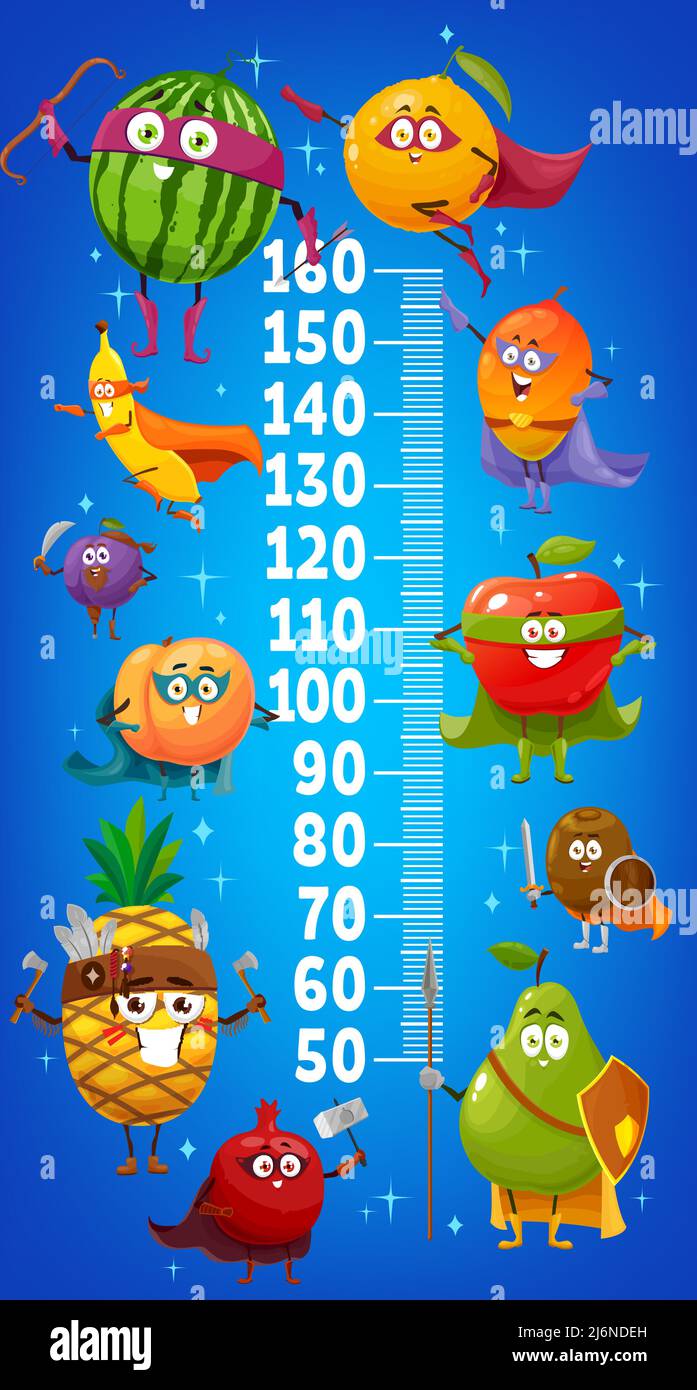 Kids height chart, cartoon fruits superhero characters growth meter ...