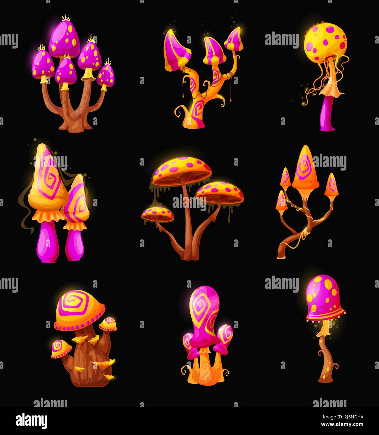 Fantasy fairy magic mushrooms, luminous toadstools and toxic amanita of fantastic forest. Red pink or purple and golden yellow isolated mushrooms with caps and spores fungi with acid poisonous drips Stock Vector