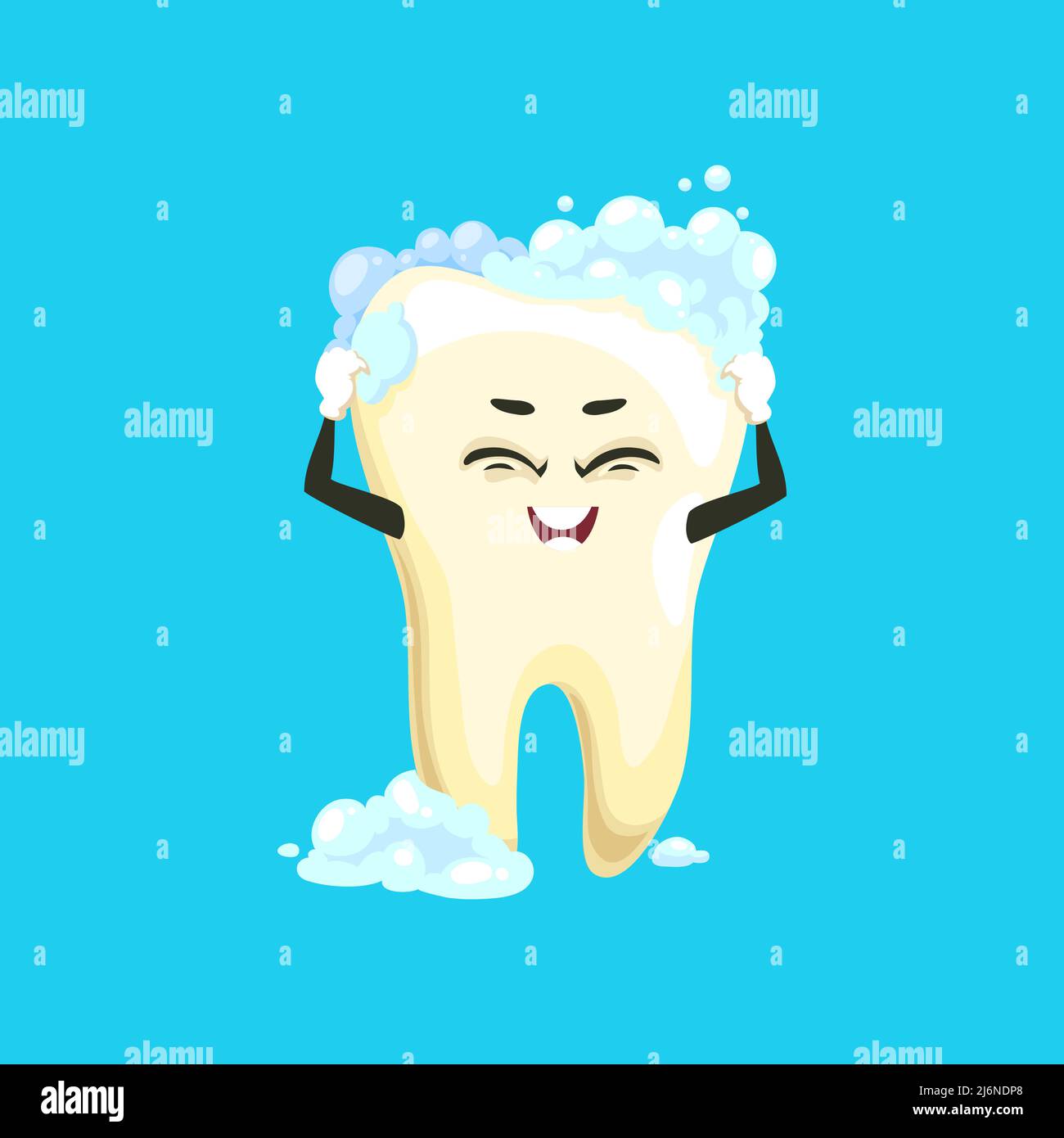 Tooth emoticon cartoon character cleaning, washing or brushing with bubbles isolated. Vector
