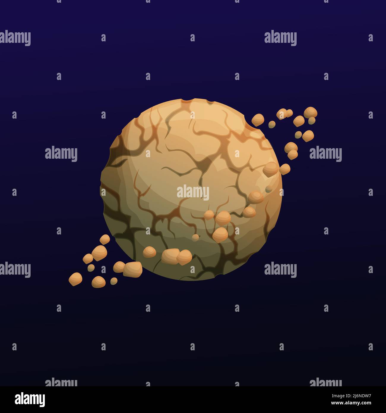Brown space planet with cracks and stone rings, vector cartoon fantasy ...