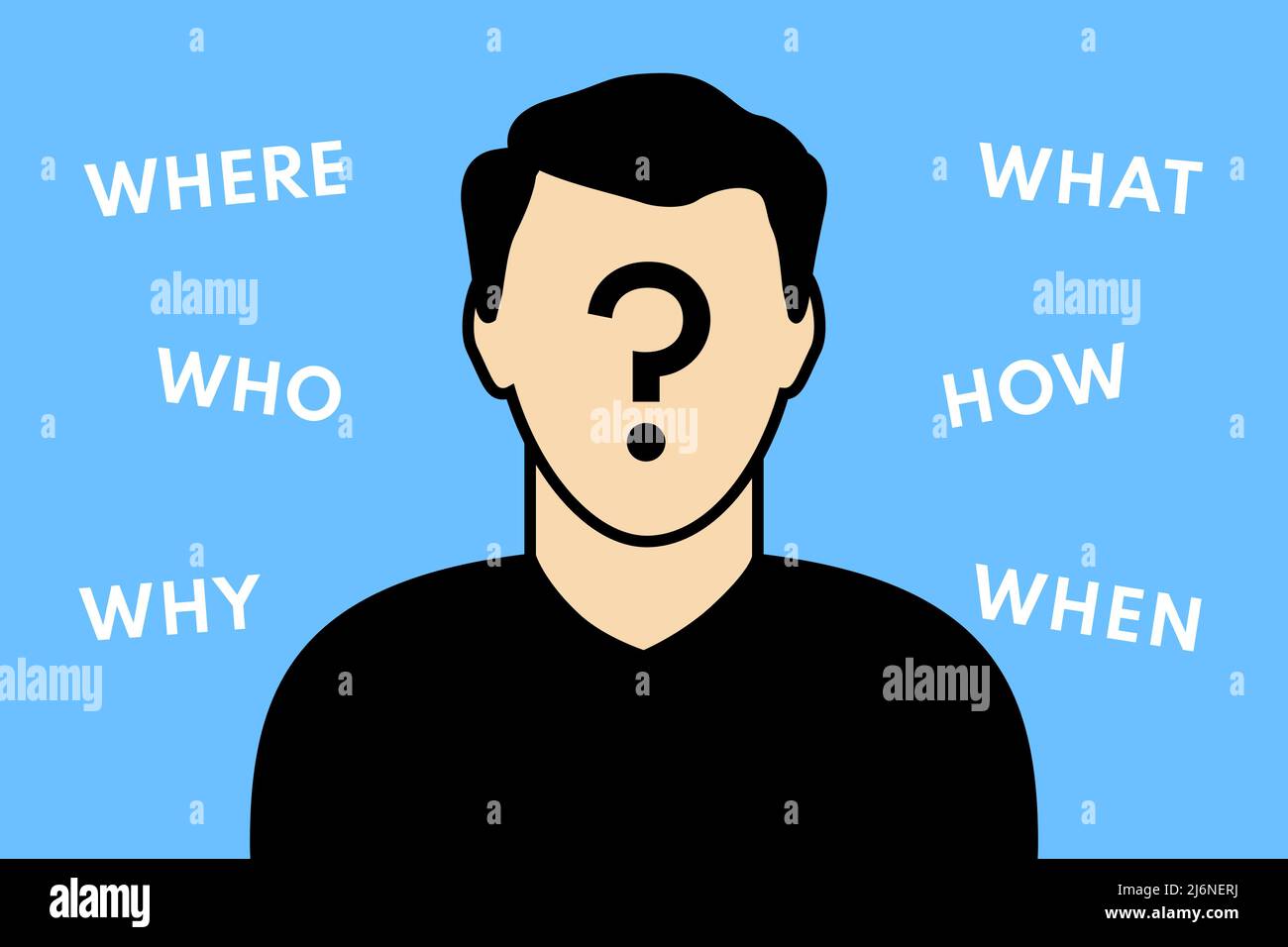 Head of a man with a question mark and words where, who, why, what, how, when that surround him. Vector illustration Stock Vector