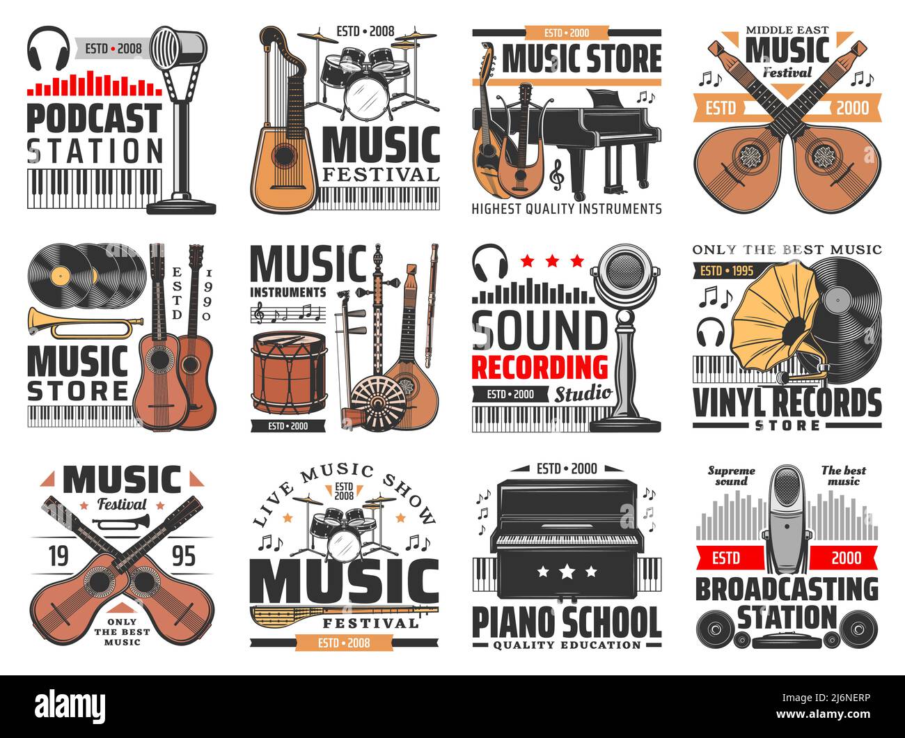Music and sound recording retro icons set. Vector vintage instruments, audio gramophone, podcast station and microphone, headphones and vinyl records, drum kit, guitar and grand piano instruments set Stock Vector