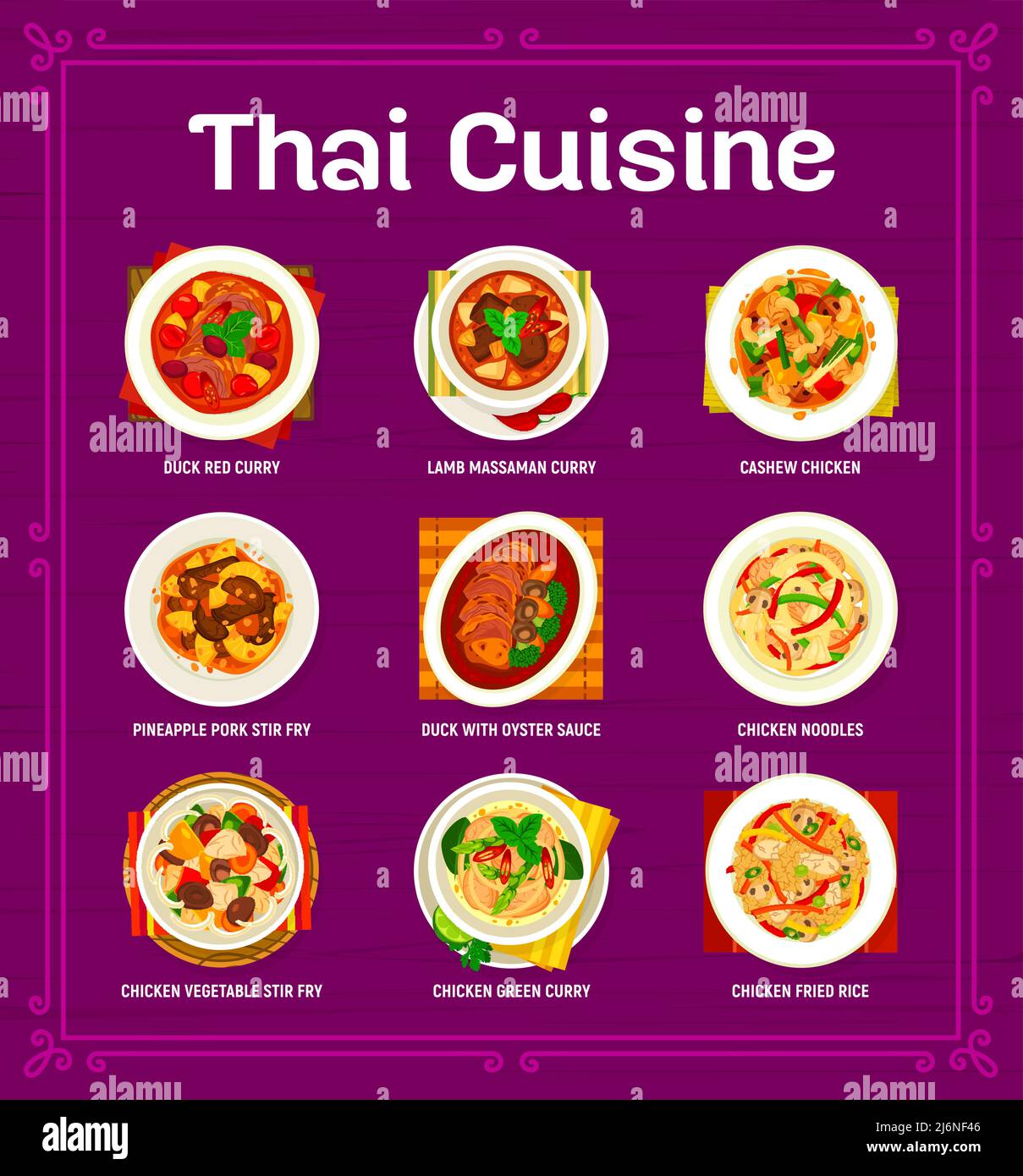 Thai cuisine menu, Asian restaurant food dishes and meals, vector. Thai cuisine and food of Bangkok with chicken curry with fried rice, duck in oyster sauce and pineapple pork stir fry Stock Vector
