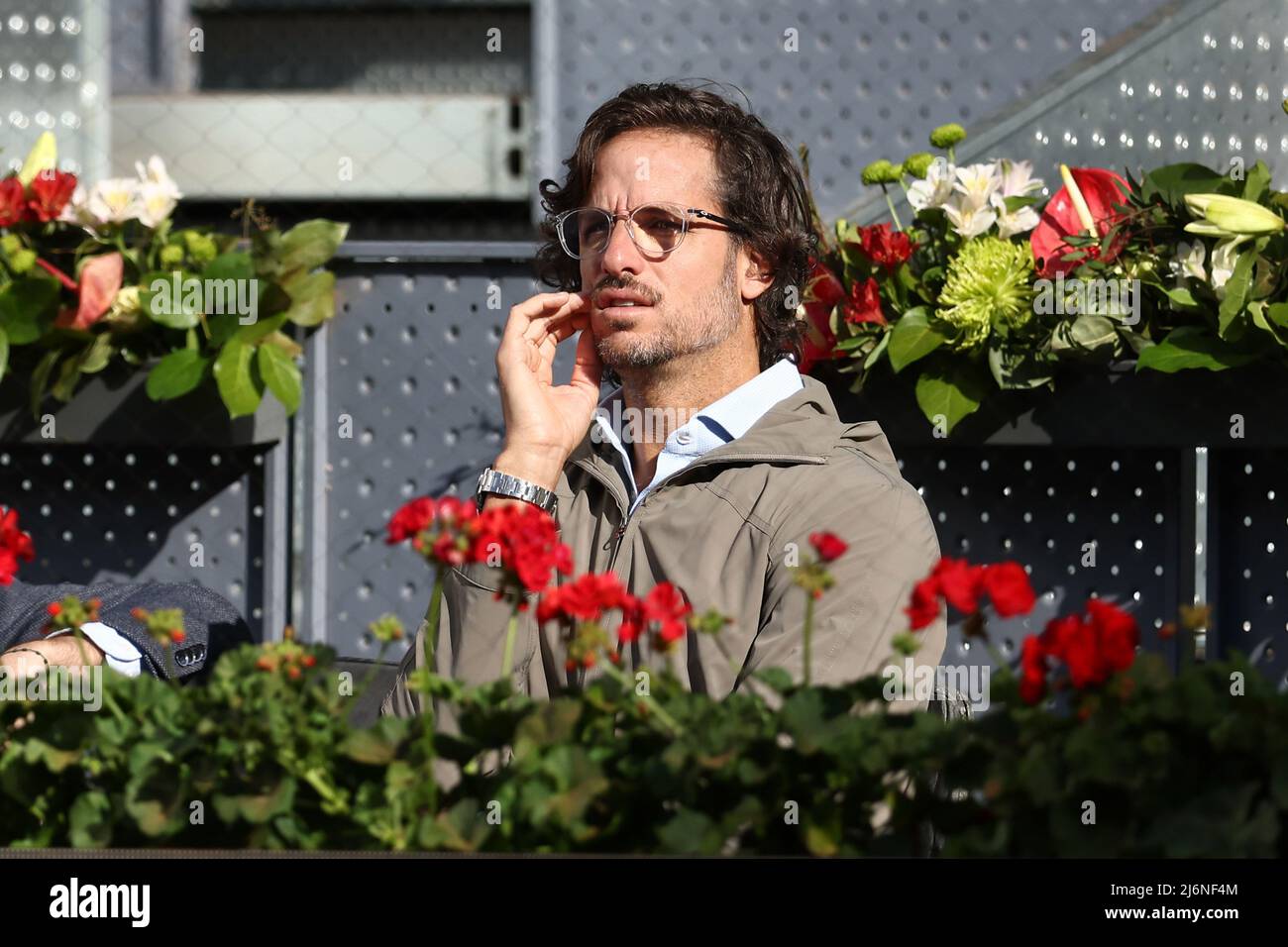 May 2, 2022, Madrid, Spain: Feliciano Lopez, Director of the tournament, is  seen during the practice of Rafael Nadal of Spain and Alexander Zverev of  Germany during the Mutua Madrid Open 2022