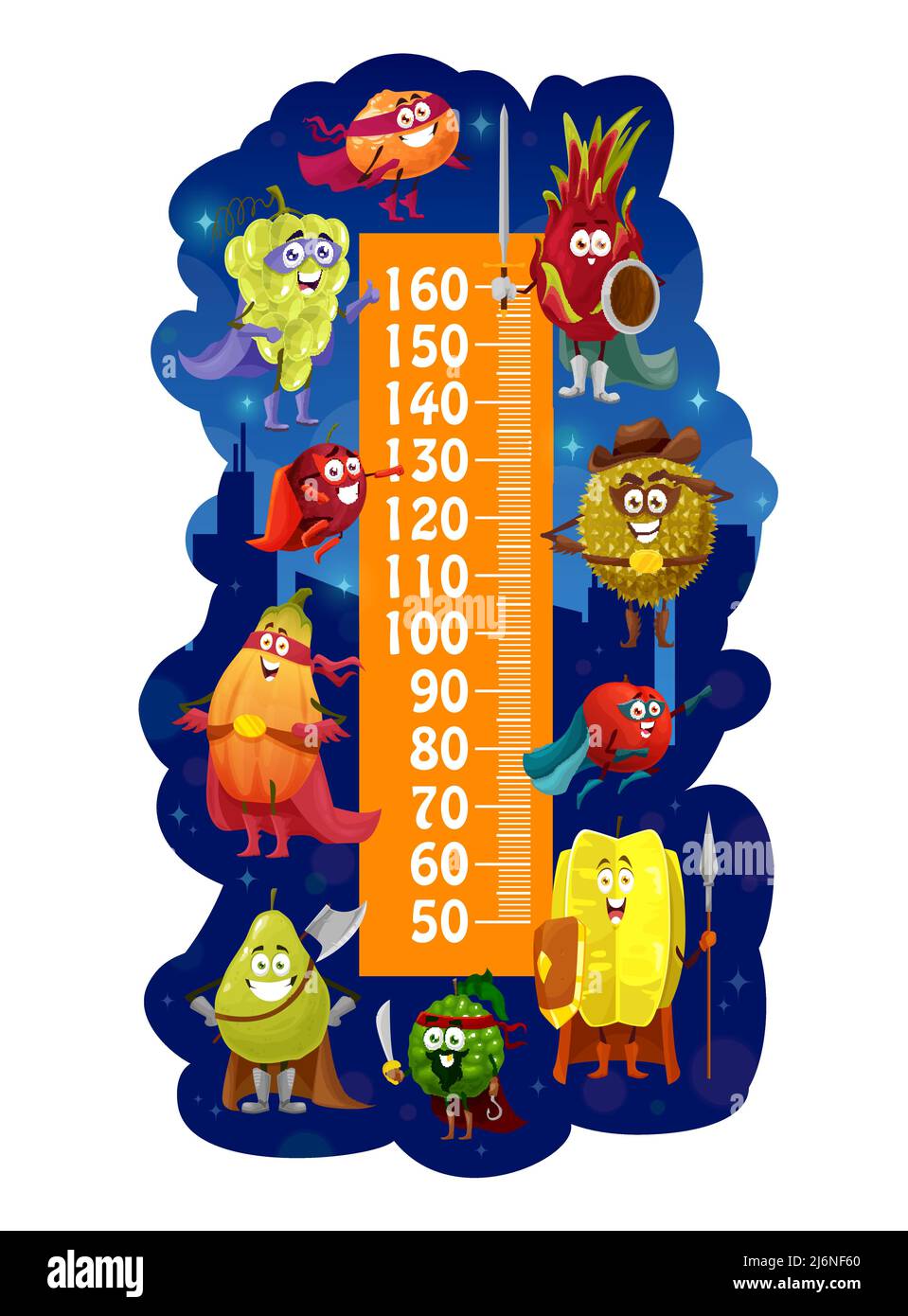 Kids height chart with cartoon fruits superheroes, vector growth