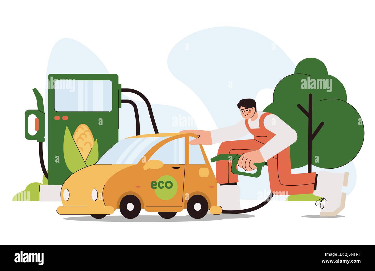 Flat man refueling car with biofuel on petrol station. Character driver