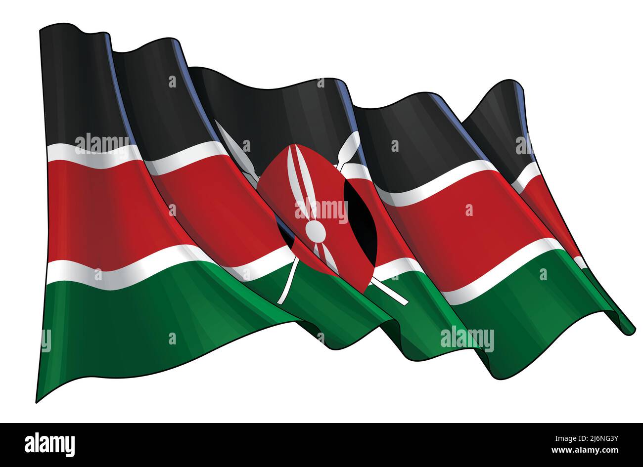 Vector illustration of a Waving Flag of Kenya. All elements neatly on well-defined layers and groups. Stock Vector