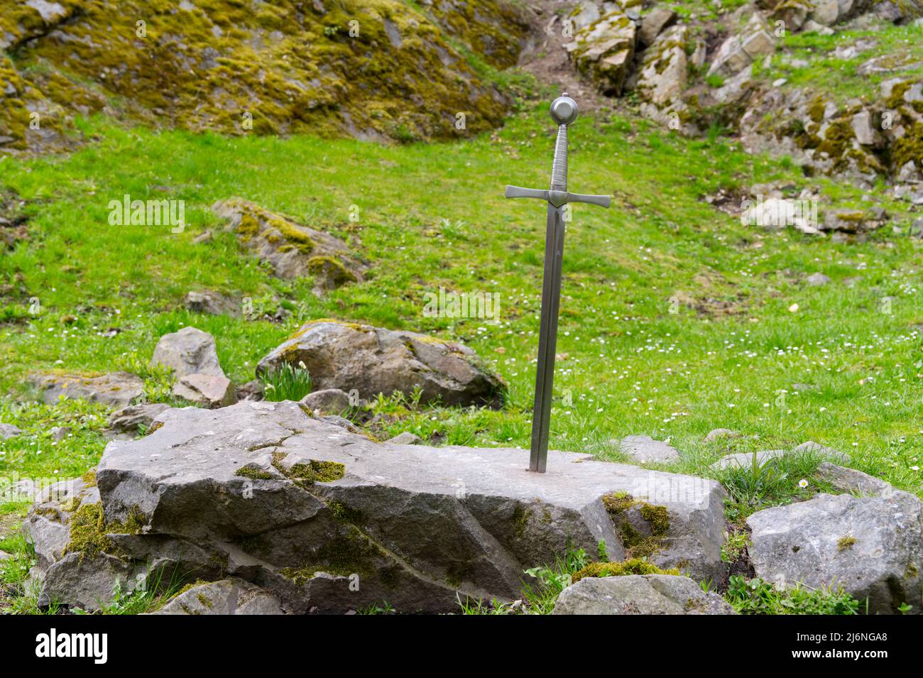 Sword in stone, historical object from the legend of king Arthur, Excalibur Stock Photo
