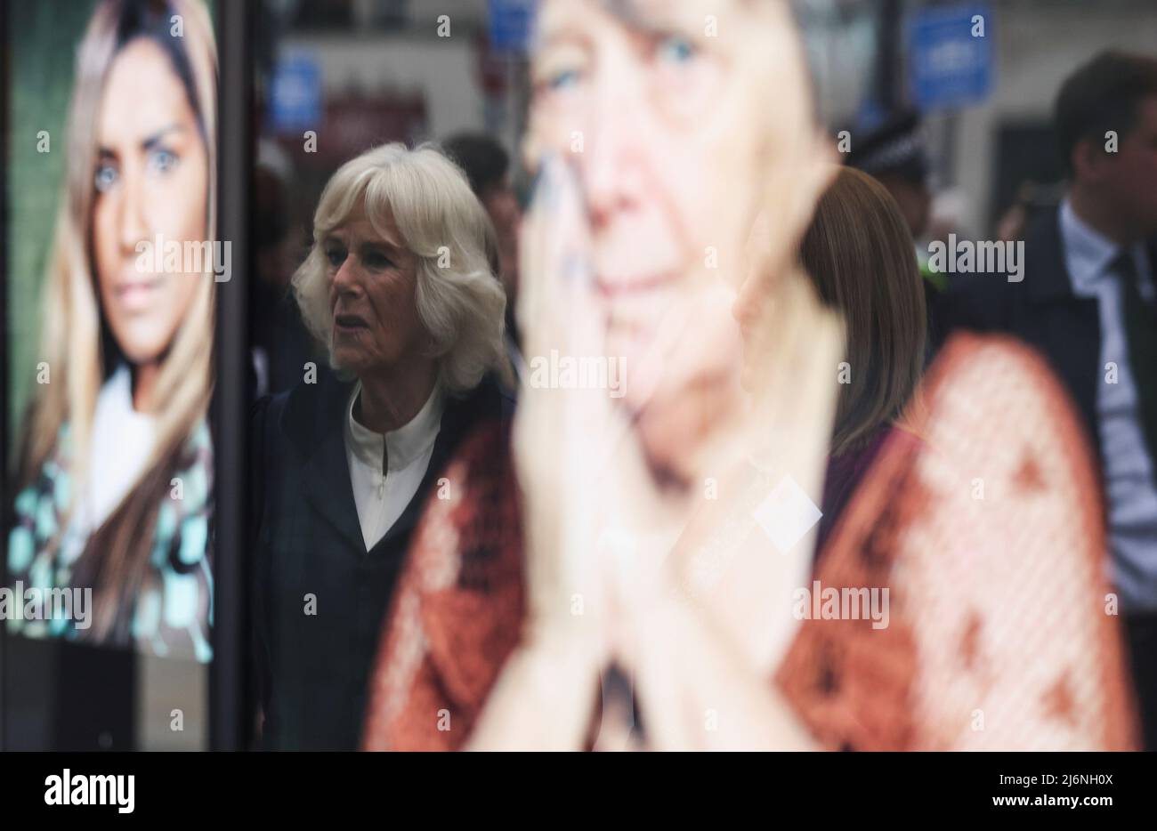 Britain's Camilla, Duchess of Cornwall, visits the photography exhibition 'I Am', a collection of portraits of domestic abuse survivors by photographer Allie Crewe, in Manchester, Britain, May 3, 2022. REUTERS/Phil Noble/Pool Stock Photo