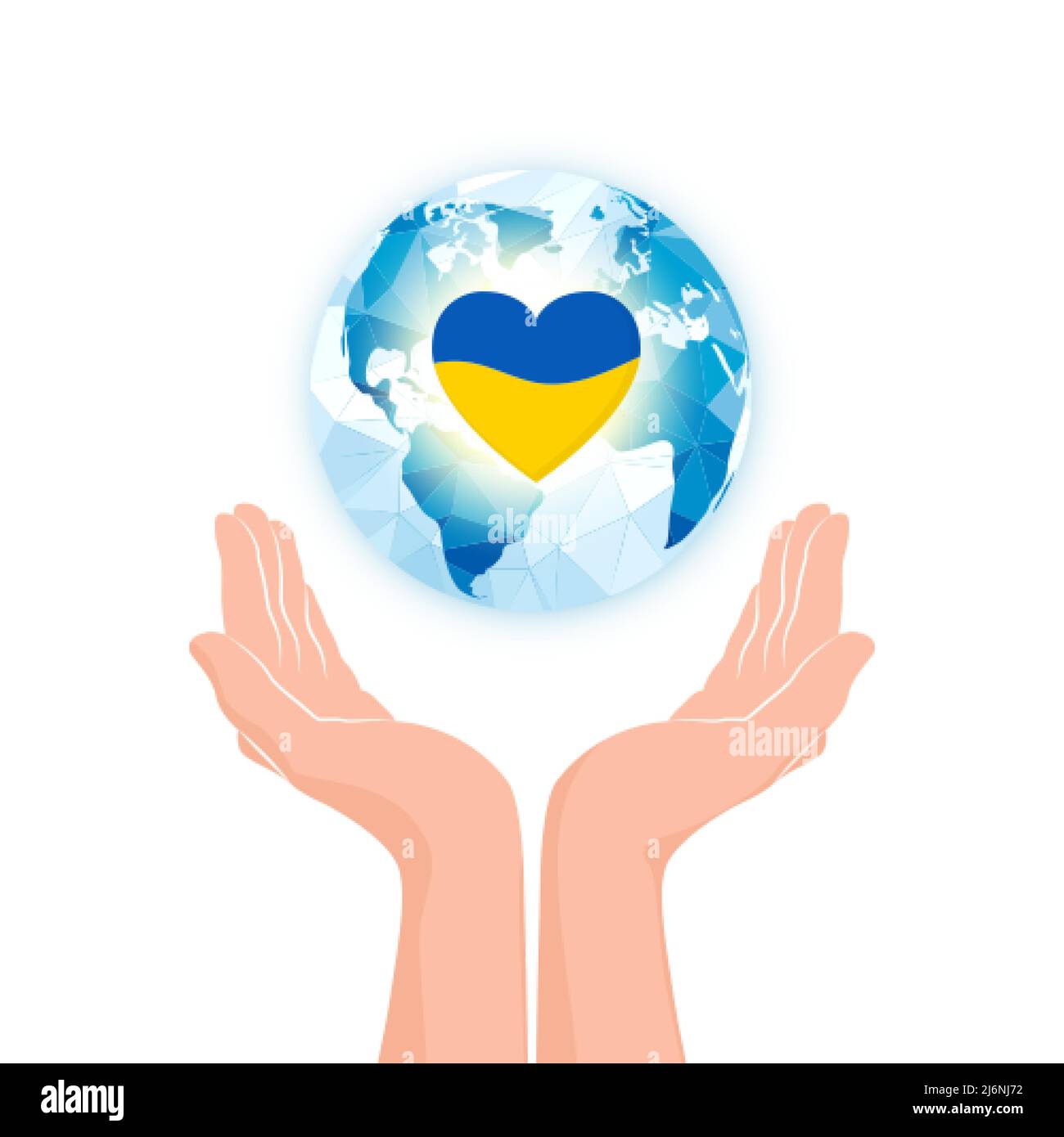 Couple of hands with planet and heart shape in national Ukraine colors. Symbol of mercy support and donation. Vector illustration Stock Vector