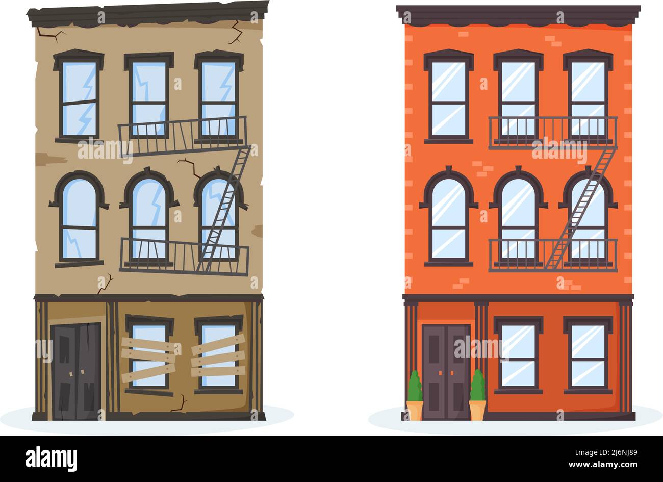 House before and after renovation. Old and new apartment unit. Run-down and repaired building. Remodelled brick house exterior. Vector Stock Vector