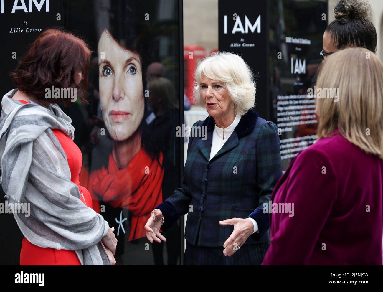 The Duchess of Cornwall attending the I Am photography exhibition, a new collection of portraits of survivors of domestic abuse by award-winning photographer Allie Crew, at Manchester Central Library during a visit to Greater Manchester. Picture date: Tuesday May 3, 2022. Stock Photo