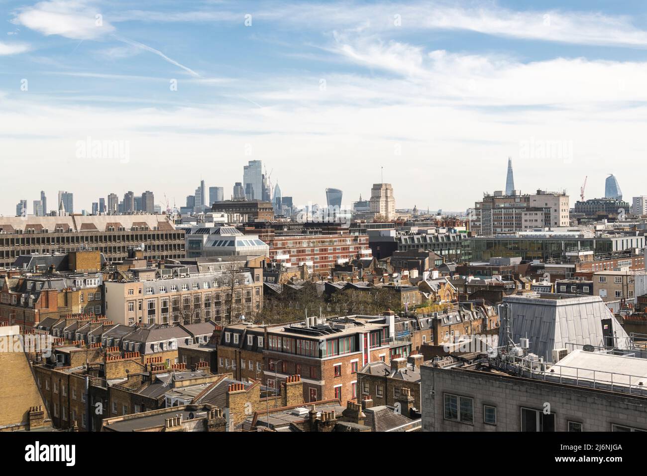 An aerial view over Fitzrovia and London's Skyline. Stock Photo