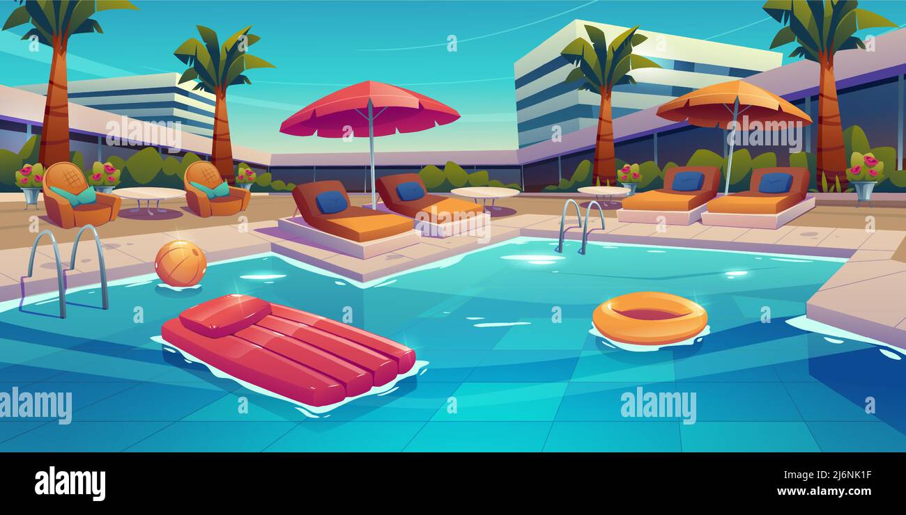 Luxury resort hotel and swimming pool. Vector cartoon illustration of tropical landscape with building, palm trees, lounge chairs, umbrellas on poolside, inflatable ring, raft and ball in water Stock Vector