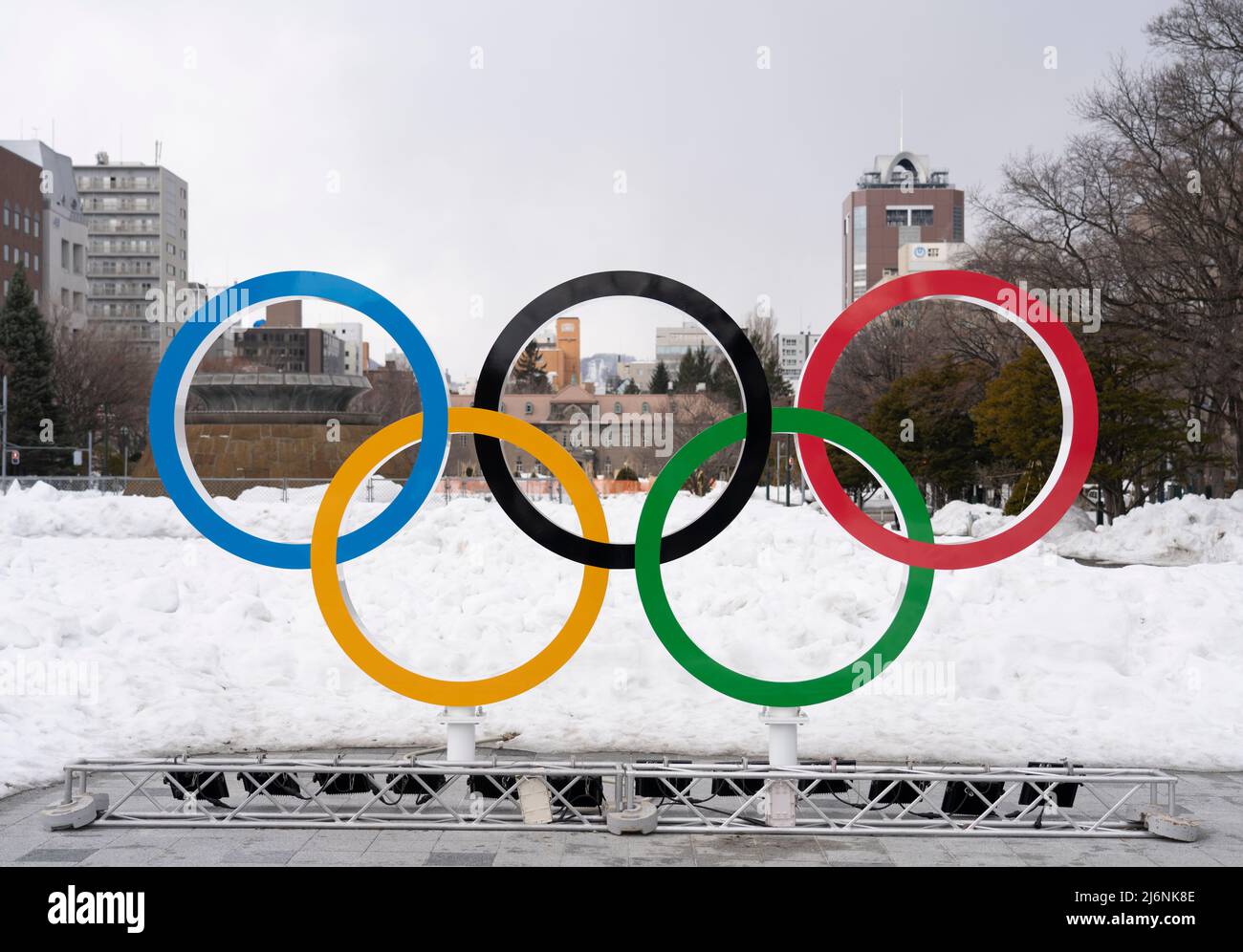 Olympic Rings from the Sapporo 1972 Winter Olympics in Odori Park, Sapporo. Hokkaido, Japan Stock Photo