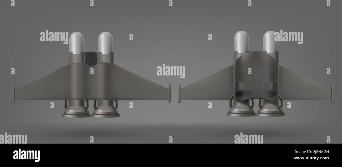Jetpack top and bottom view, isolated 3d vector device for flying. Jet pack futuristic mechanical turbo engine with wings, pilot aviation, super hero suit, scientific invention, Realistic illustration Stock Vector