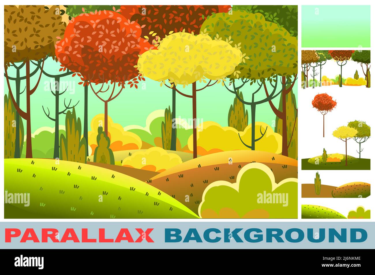 Forest. Set for parallax effect. Funny beautiful autumn landscape. Cartoon style. Leaves. Hills with grass and red, yellow, orange trees. Cool romanti Stock Vector