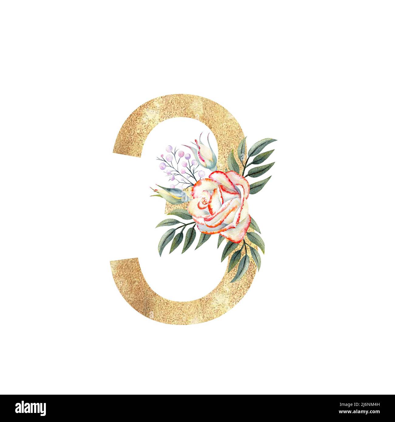 Golden number 3 with a bouquet of pink roses on a white isolated ...