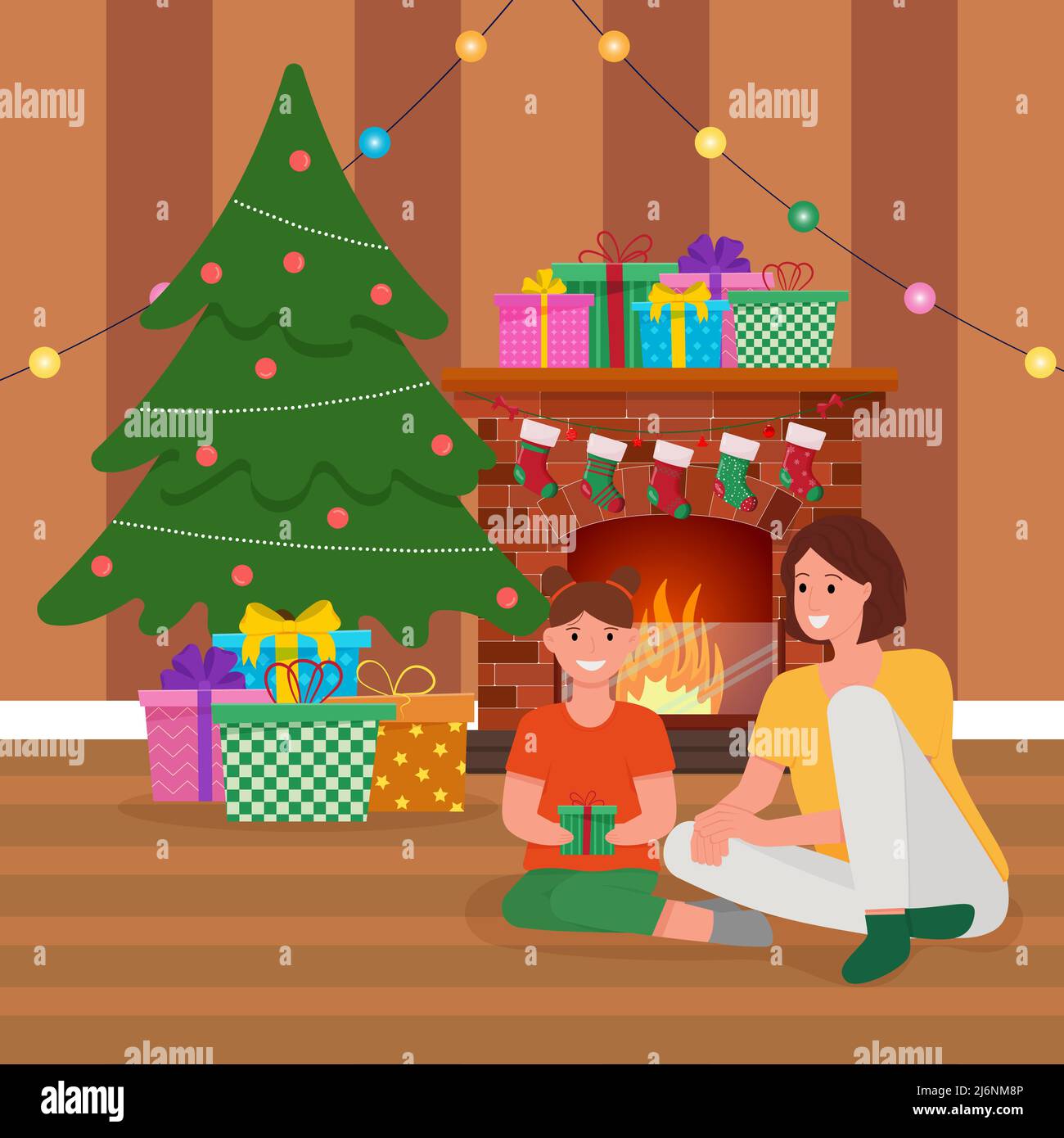 Happy mother and her daughter sitting next to Christmas tree. Cozy Christmas interior. Presents under the tree Stock Vector