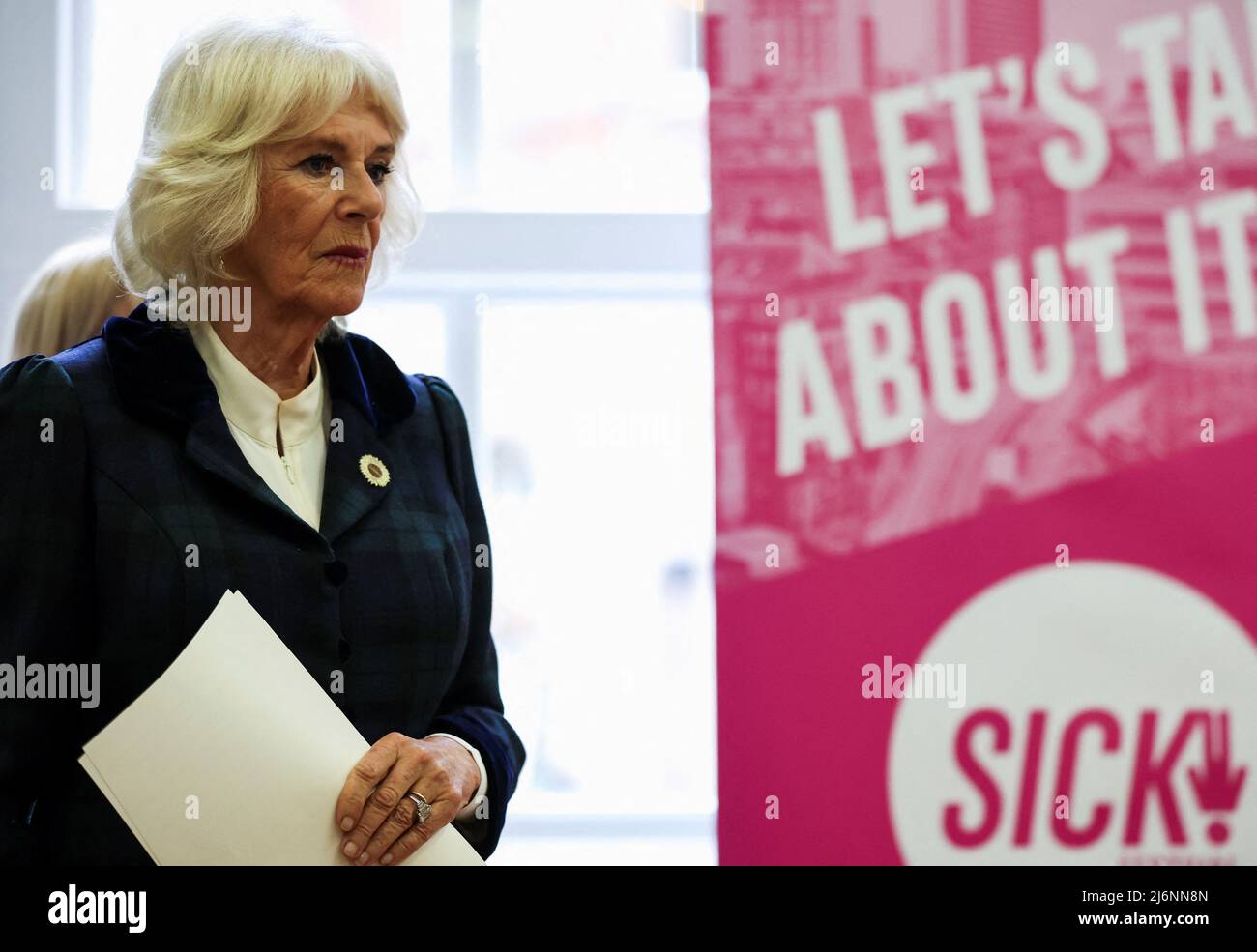 The Duchess of Cornwall after delivering a speech at a reception while attending the I Am photography exhibition, a new collection of portraits of survivors of domestic abuse by award-winning photographer Allie Crew, at Manchester Central Library during a visit to Greater Manchester. Picture date: Tuesday May 3, 2022. Stock Photo