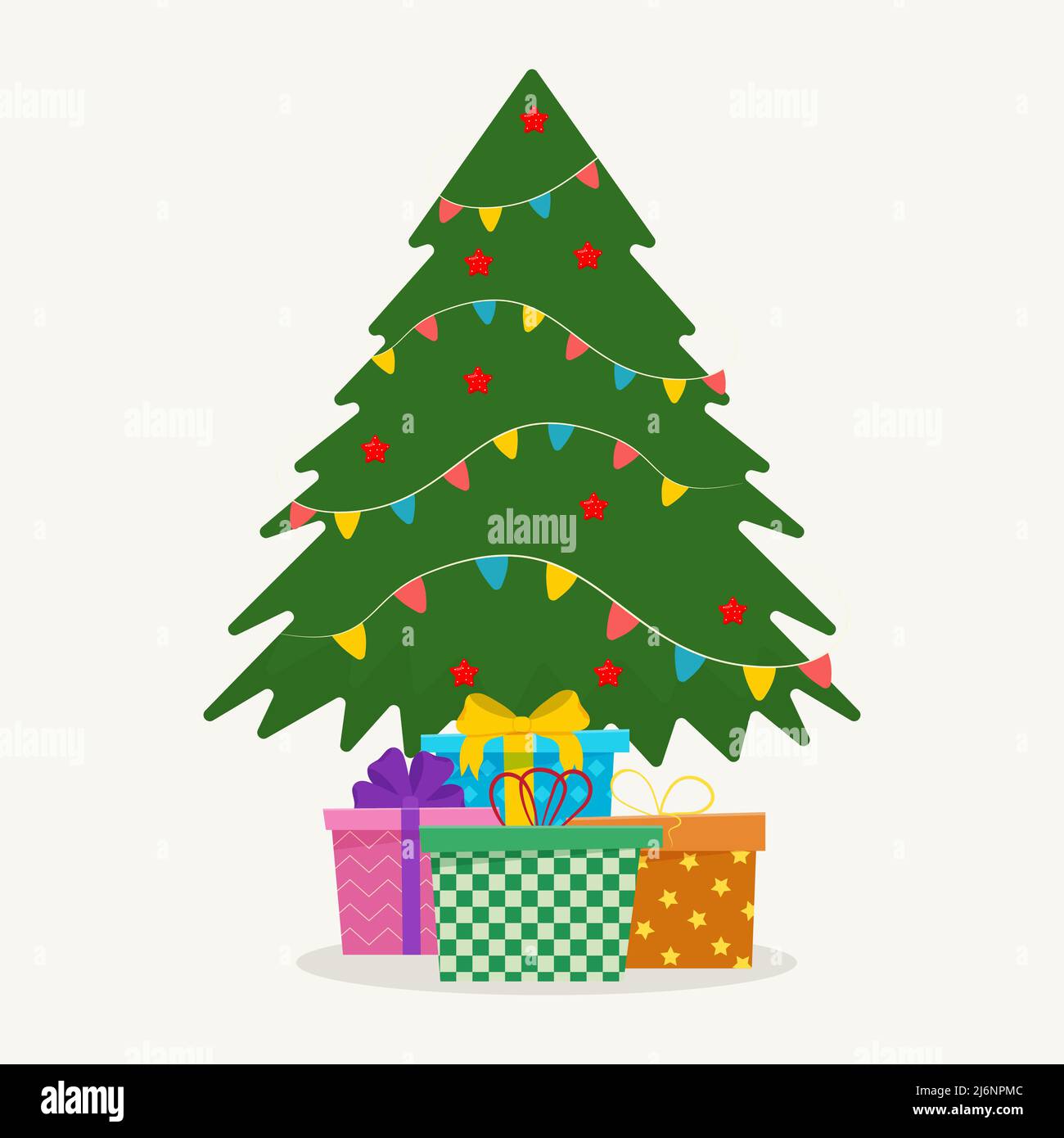 Christmas tree with tree ball and tree toy. Christmas gifts. Stock Vector