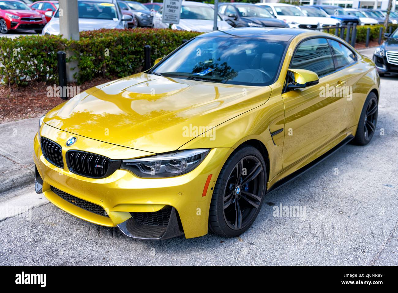Miami Beach, Florida USA - April 15, 2021: yellow bmw m4, front corner ...